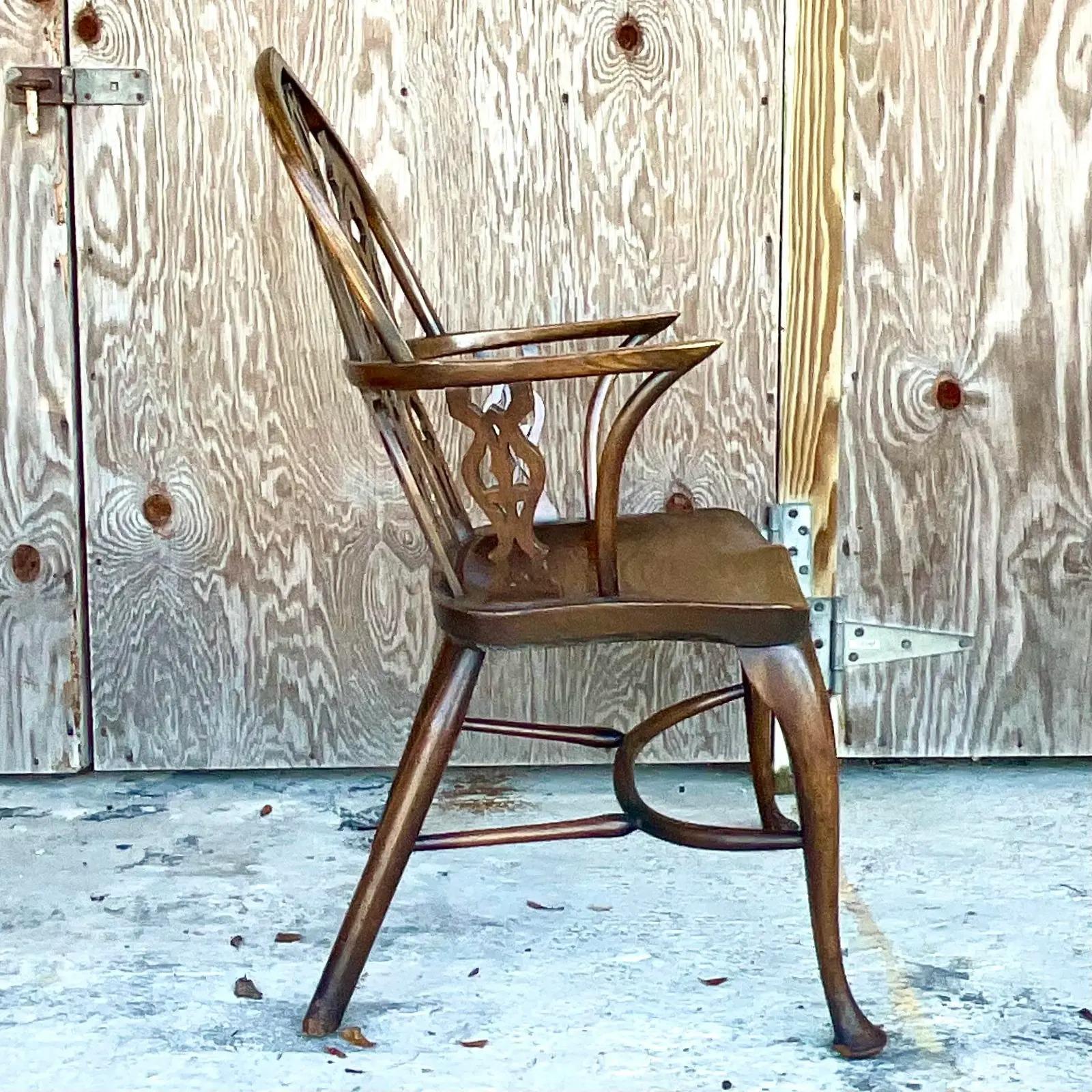 Vintage English 19th Century “Gothik” Yew Wood Windsor Arm Chair 1