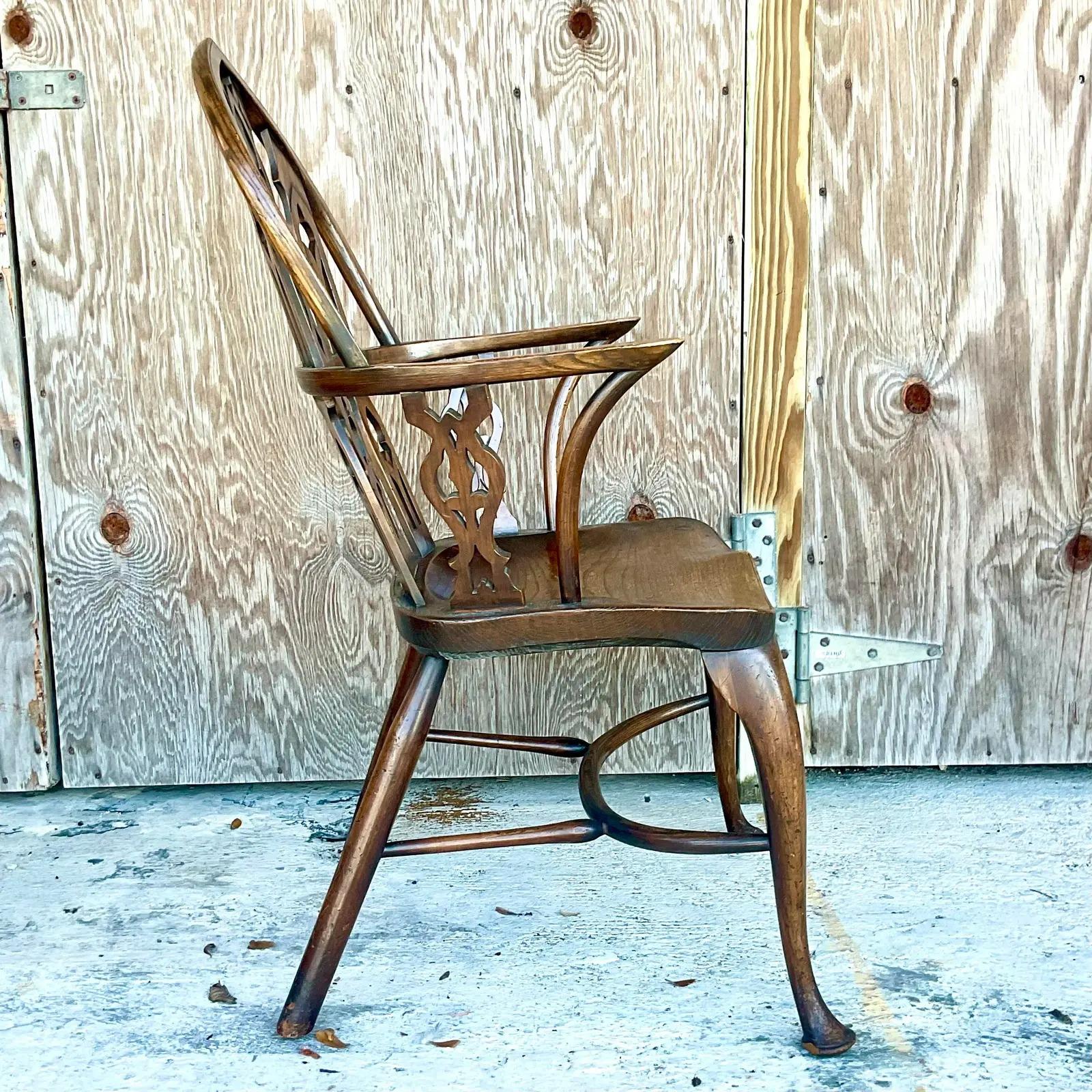 Vintage English 19th Century “Gothik” Yew Wood Windsor Arm Chair 2