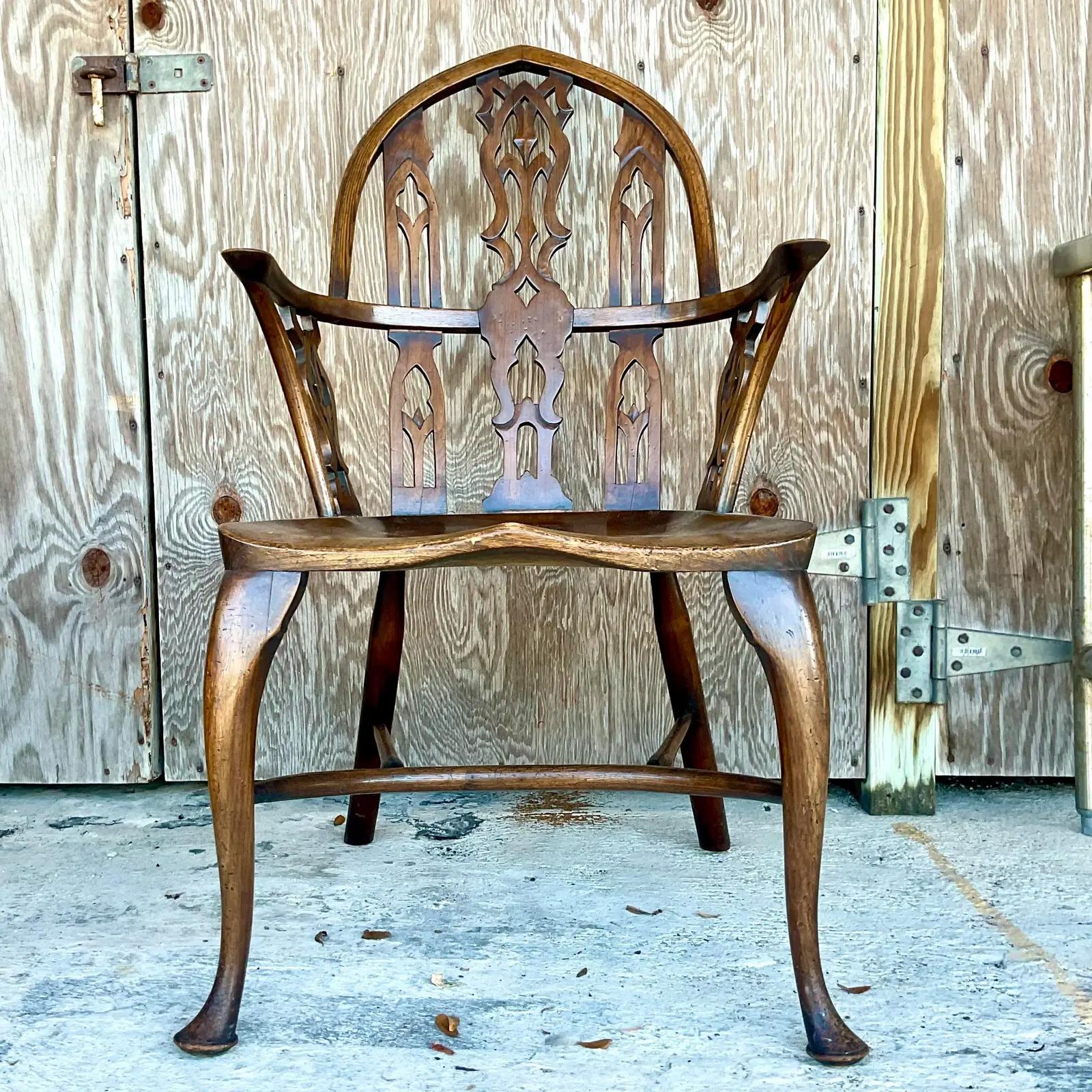 Vintage English 19th Century “Gothik” Yew Wood Windsor Arm Chair 3