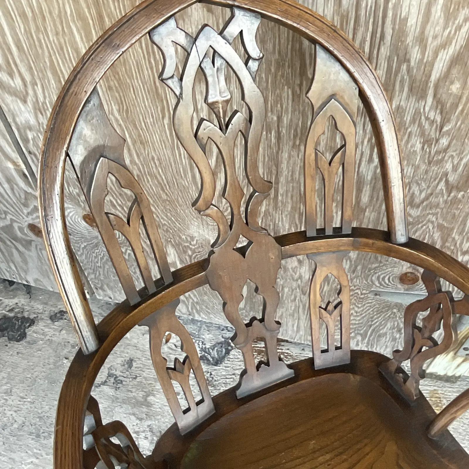 Vintage English 19th Century “Gothik” Yew Wood Windsor Arm Chair 4