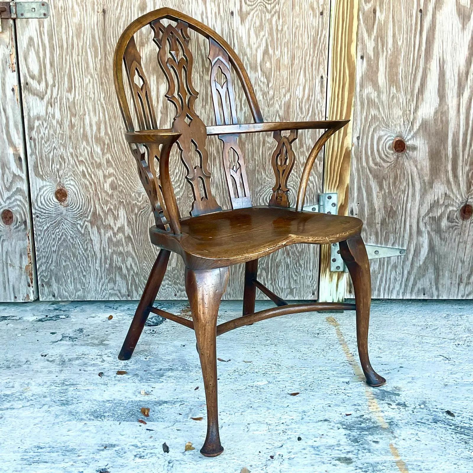 Vintage English 19th Century “Gothik” Yew Wood Windsor Arm Chair 5
