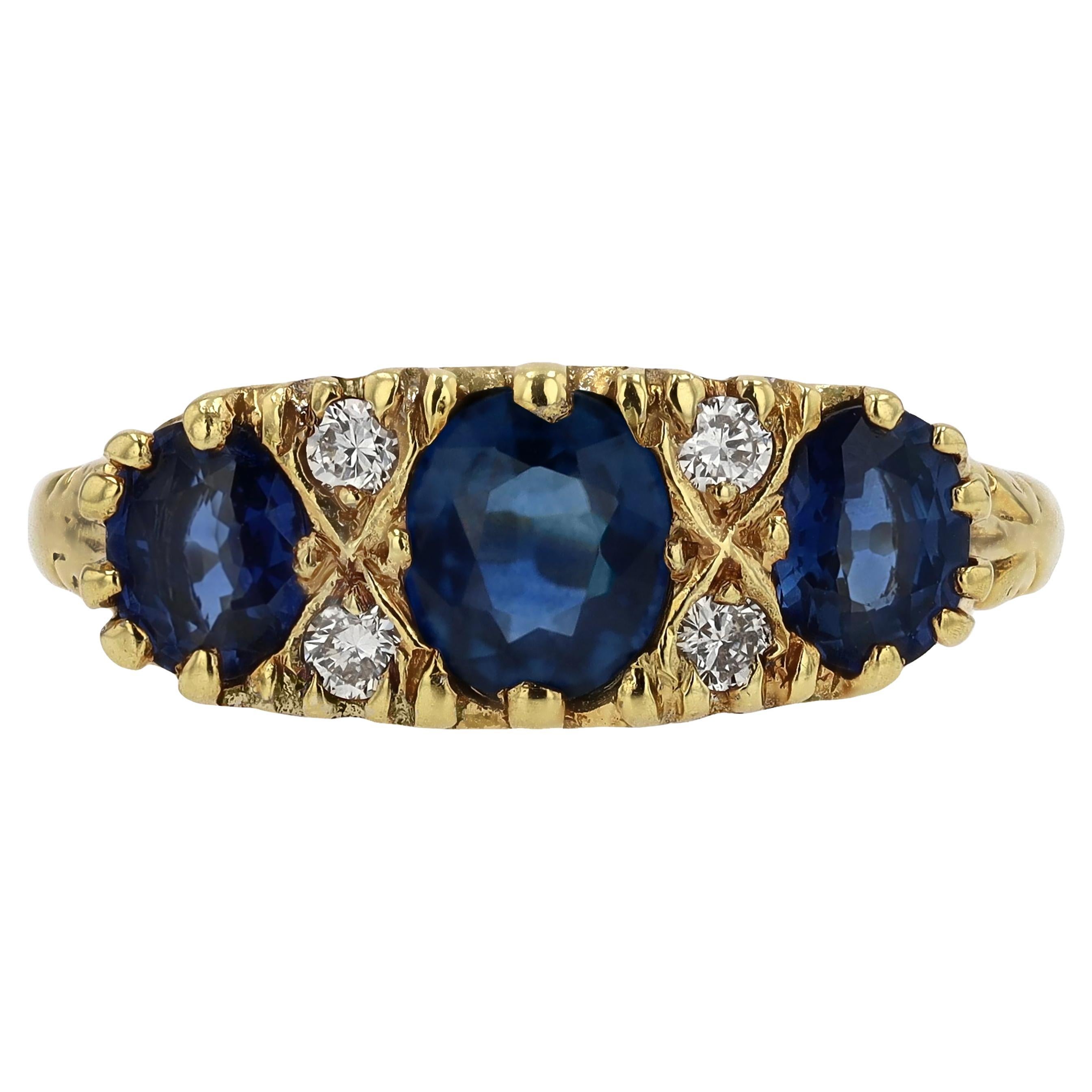 Vintage English 3-Stone Sapphire Diamond Trilogy Ring For Sale