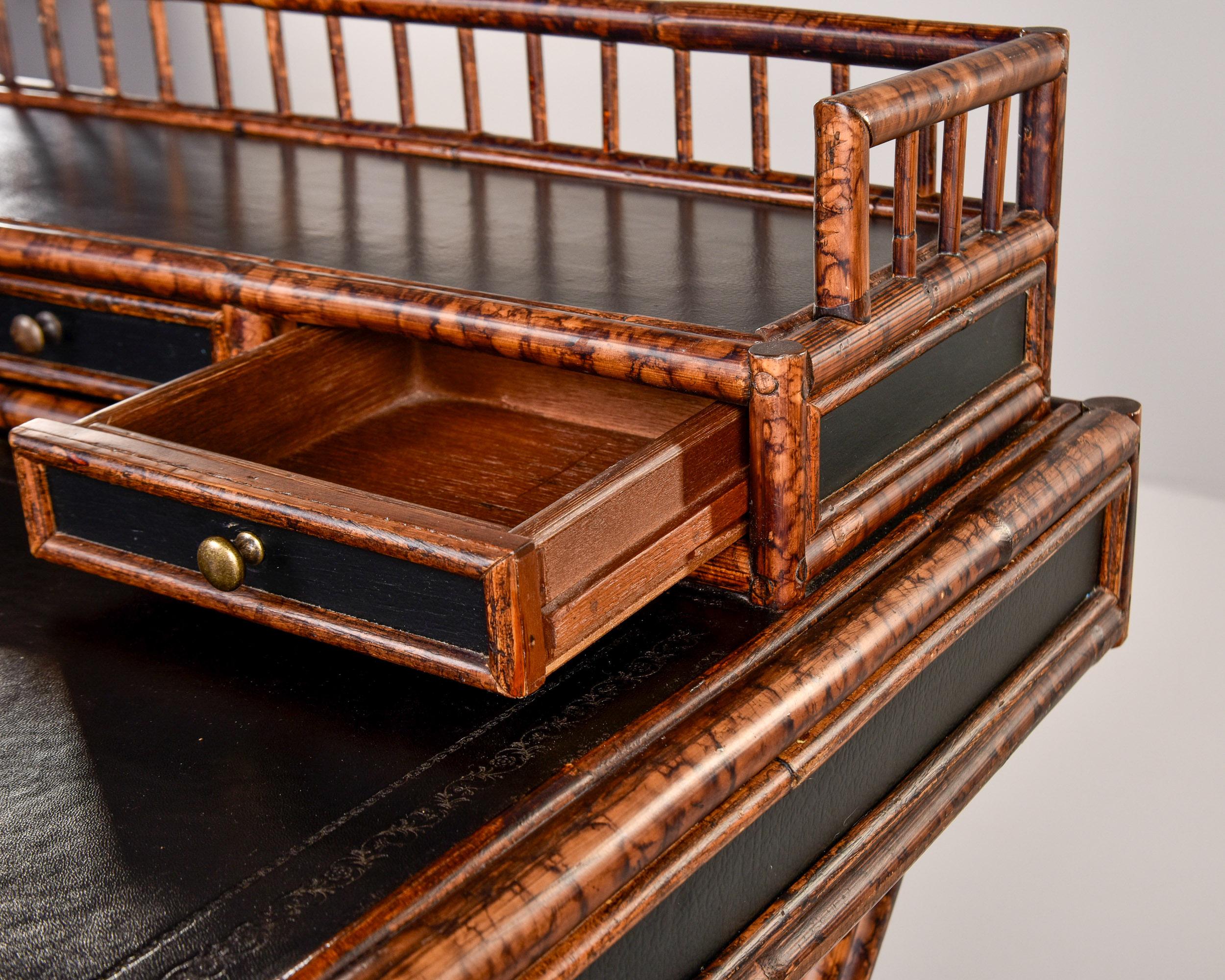 Vintage English Aesthetic Style Bamboo Desk with Leather Top 6