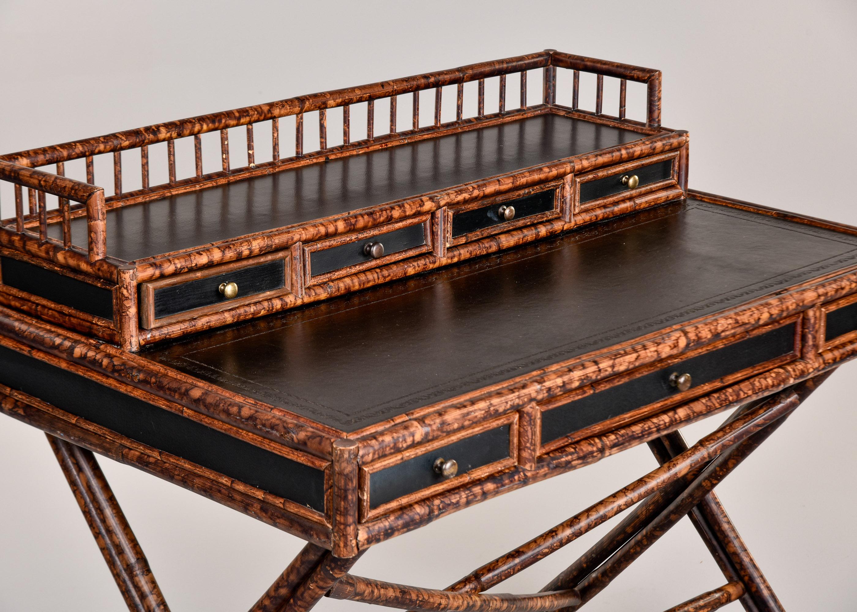 Vintage English Aesthetic Style Bamboo Desk with Leather Top In Good Condition In Troy, MI