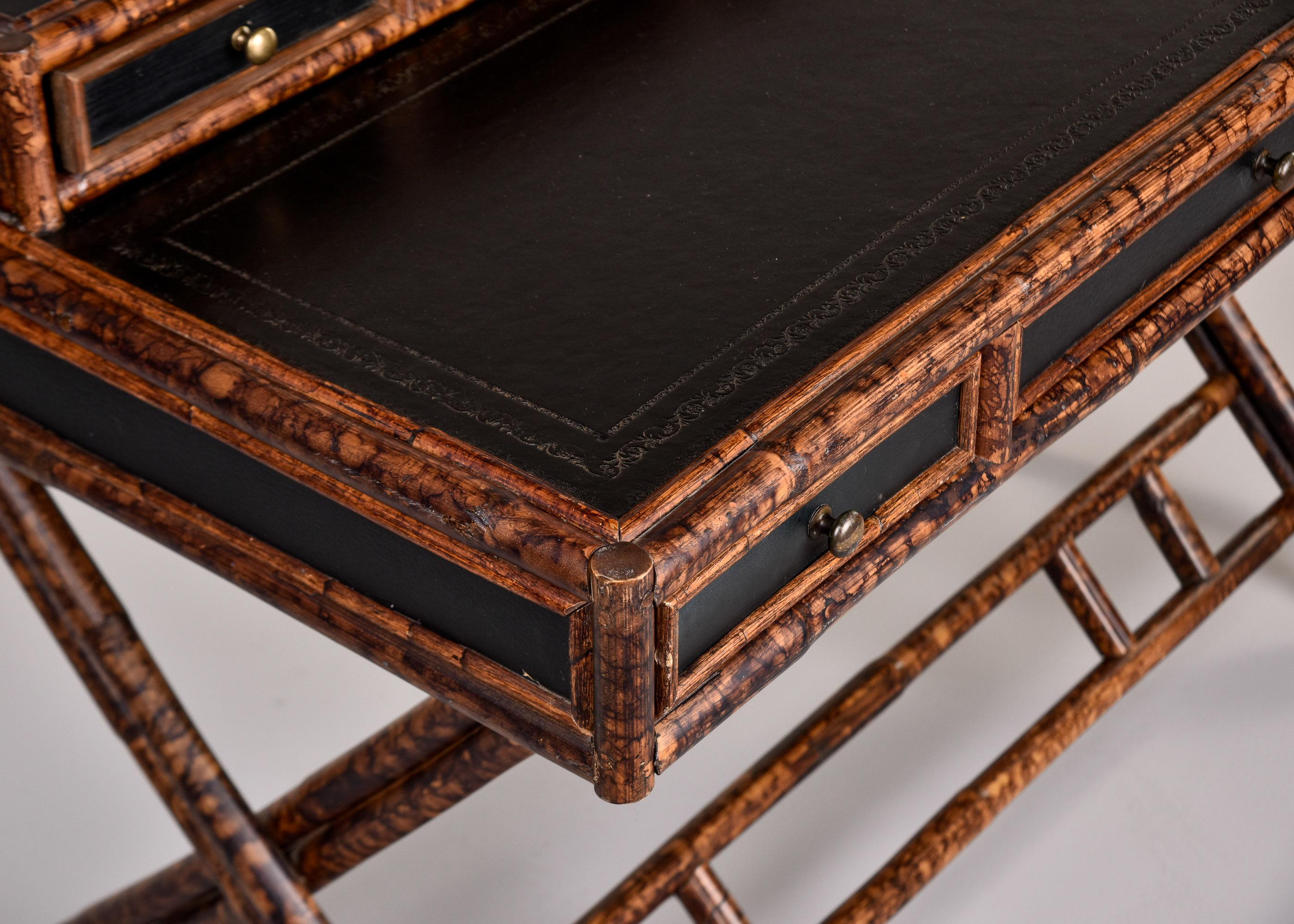 Brass Vintage English Aesthetic Style Bamboo Desk with Leather Top