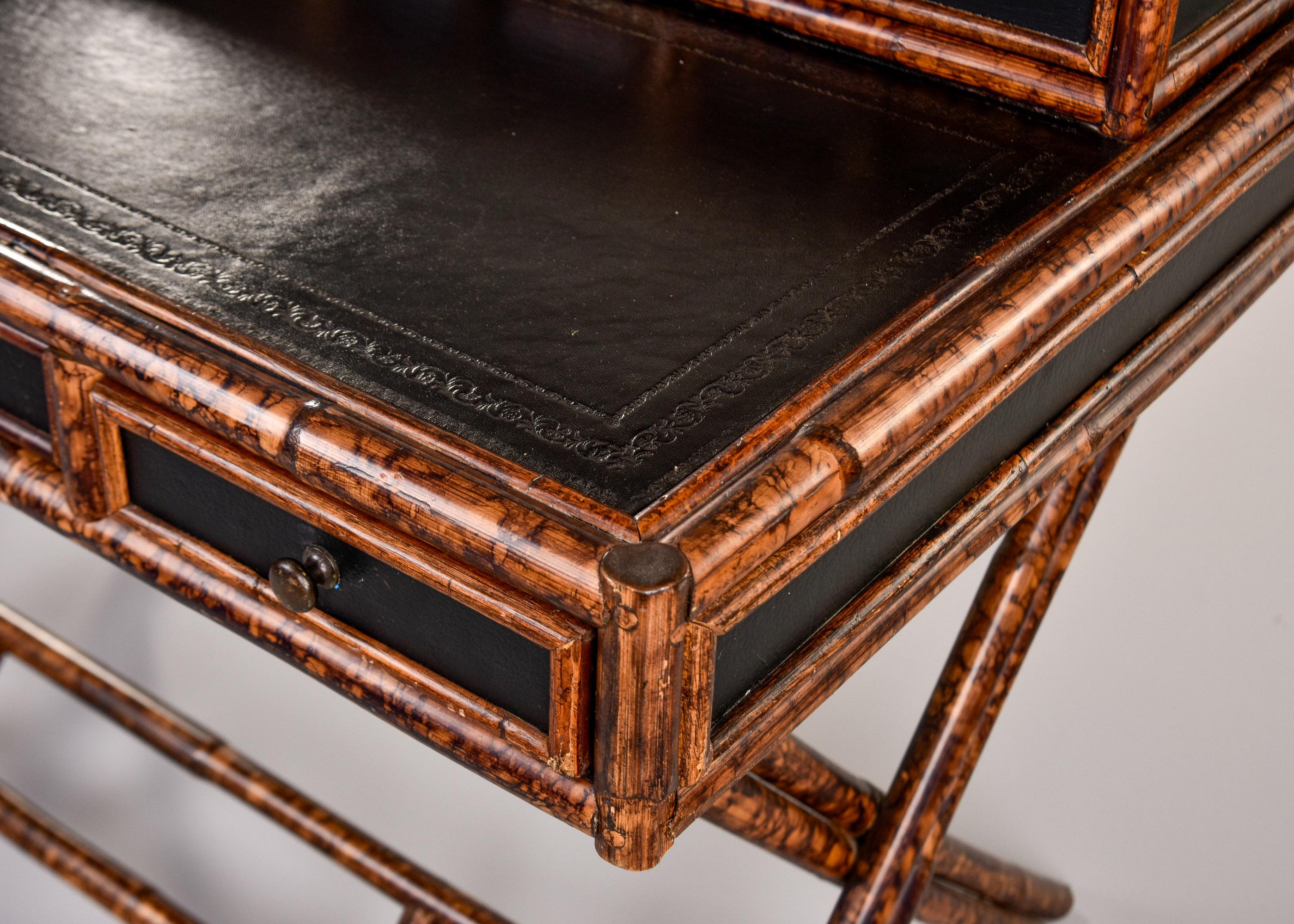 Vintage English Aesthetic Style Bamboo Desk with Leather Top 1