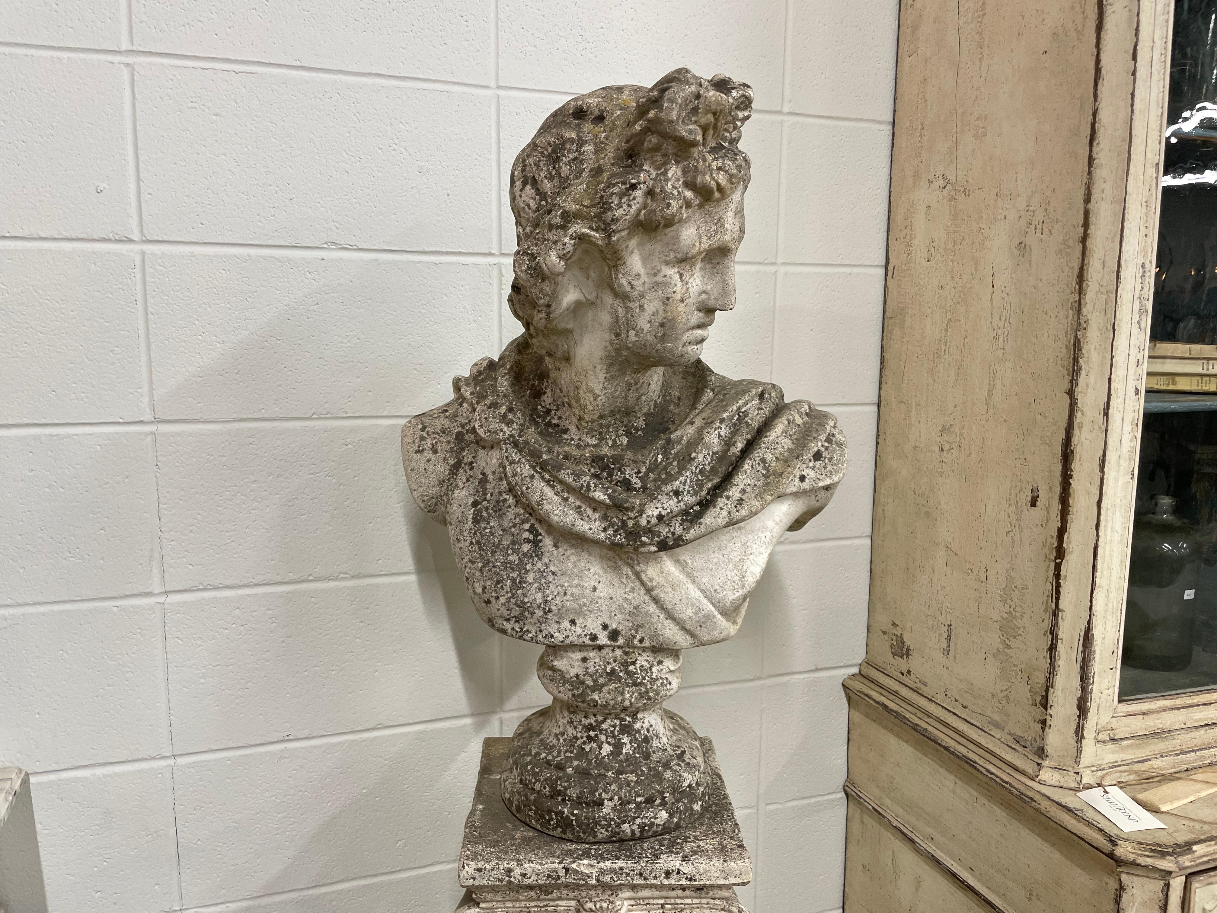 An English vintage composite stone bust after the 2nd Century Roman Apollo Belvedere atop a classical iconic fluted column. Great patina.

Wonderful piece in a library.