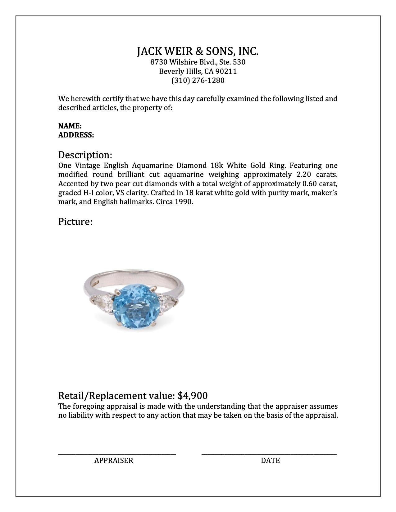 Women's or Men's Vintage English Aquamarine Diamond 18k White Gold Ring For Sale