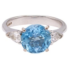 Retro English Aquamarine Diamond 18k White Gold Ring