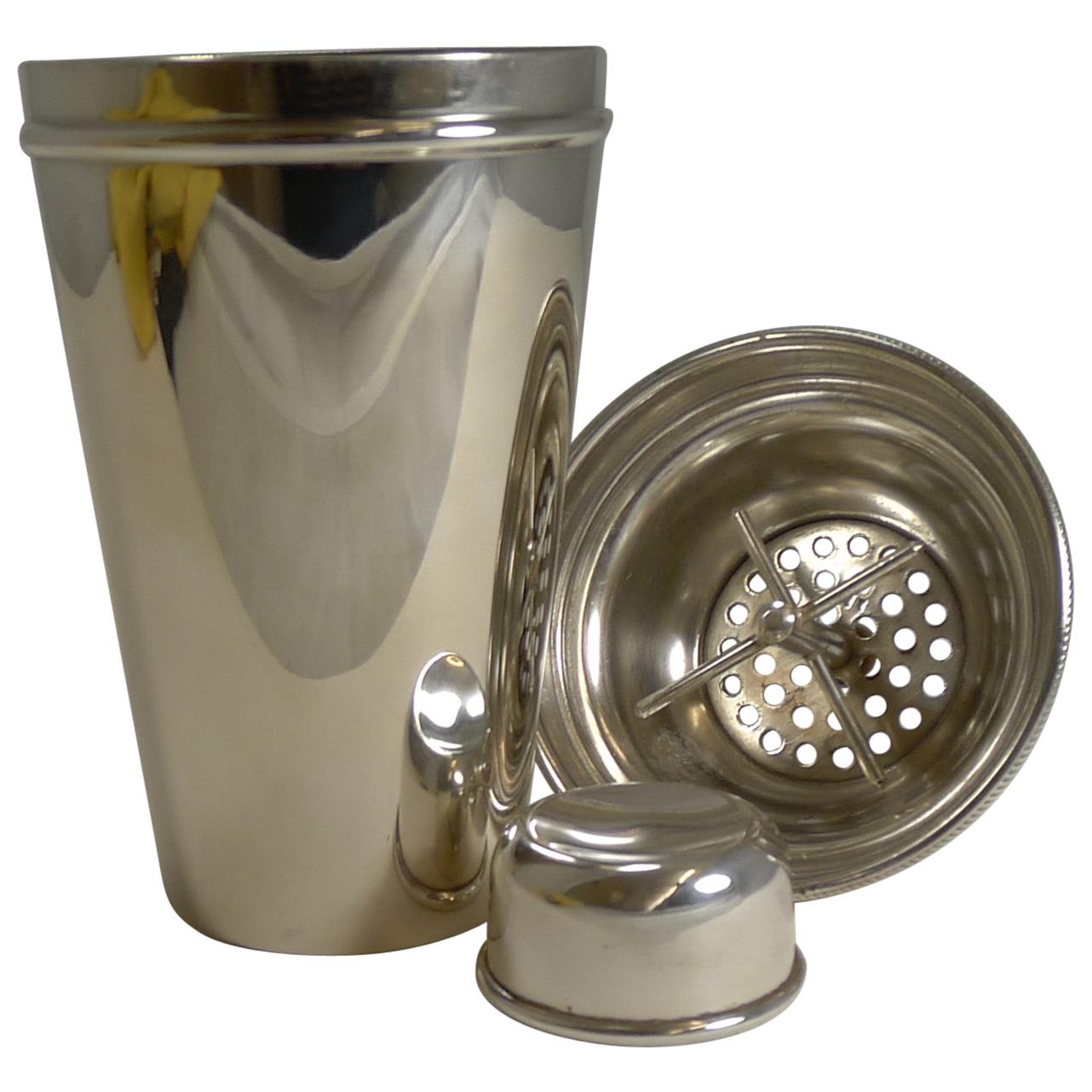 Vintage English Art Deco Silver Plated Cocktail Shaker with Integral Ice Breaker