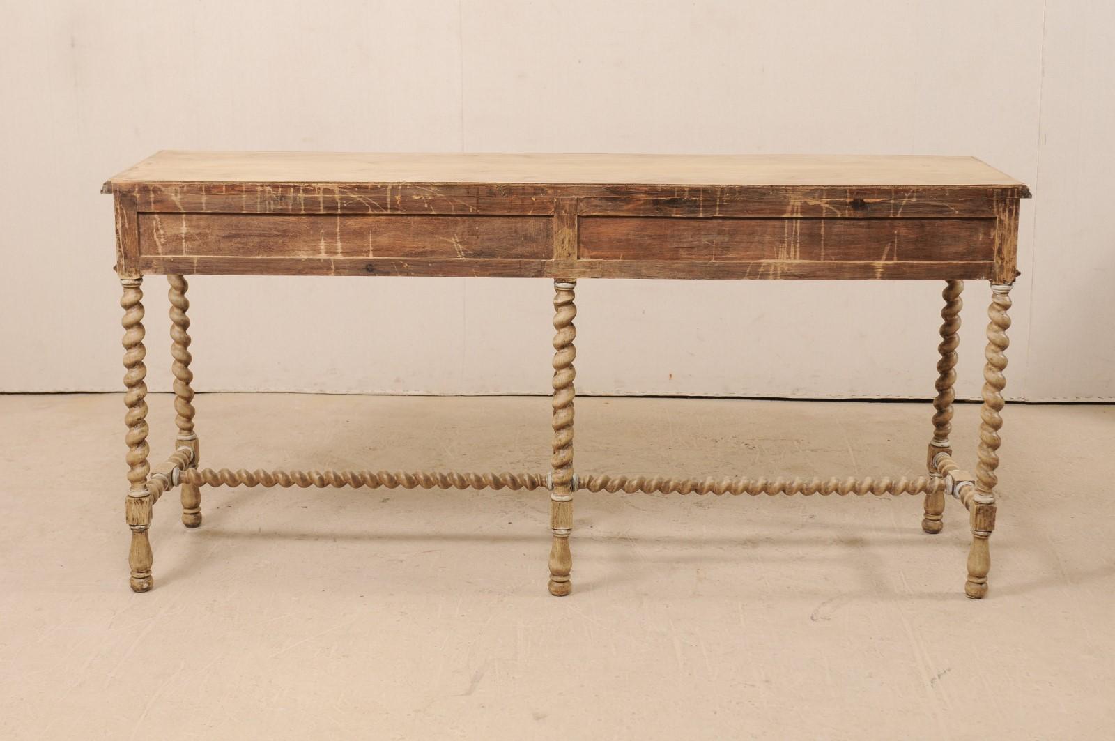 Vintage English Ash Wood Console Table on Barley Twist Legs with Painted Details 4