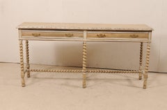 Table console anglaise vintage en frêne sur pieds torsadés avec détails peints