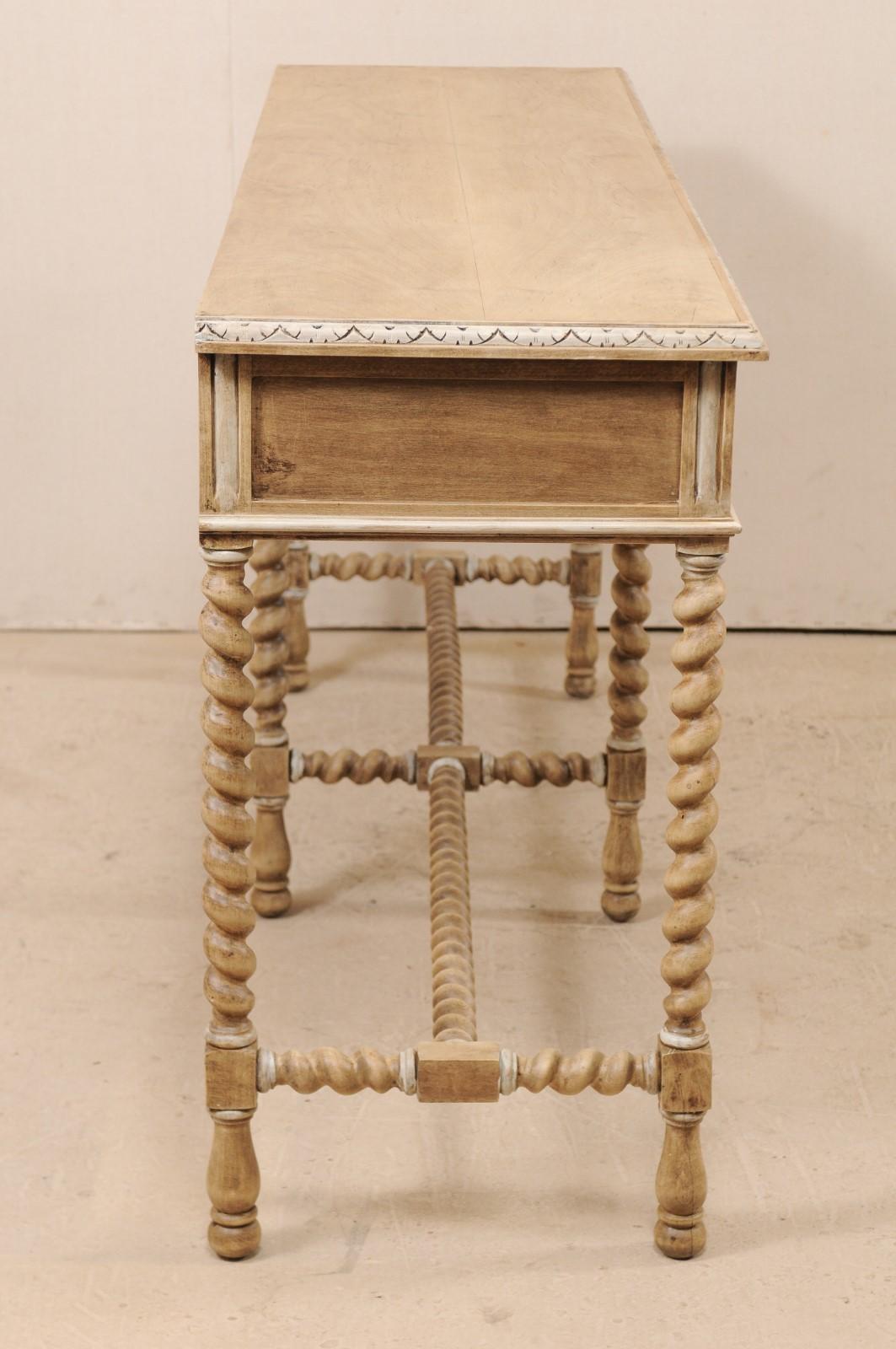 Vintage English Ash Wood Console Table on Barley Twist Legs with Painted Details In Good Condition In Atlanta, GA