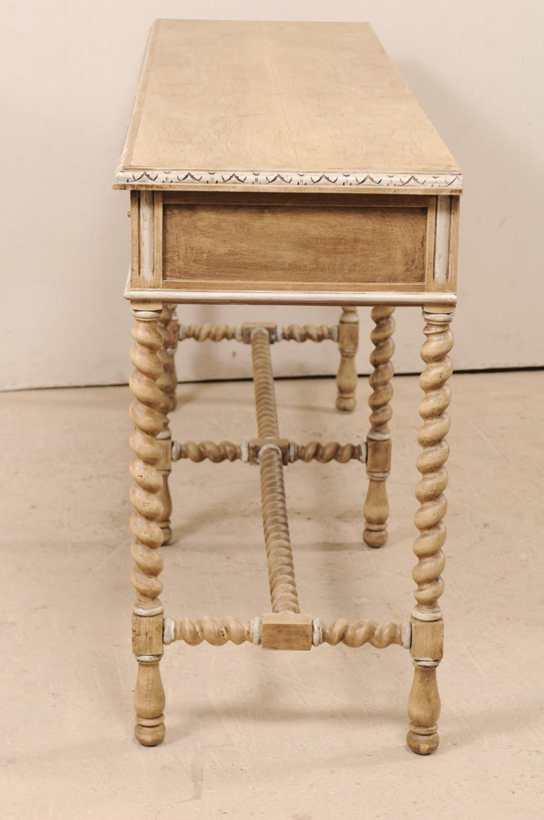 20th Century Vintage English Ash Wood Console Table on Barley Twist Legs with Painted Details