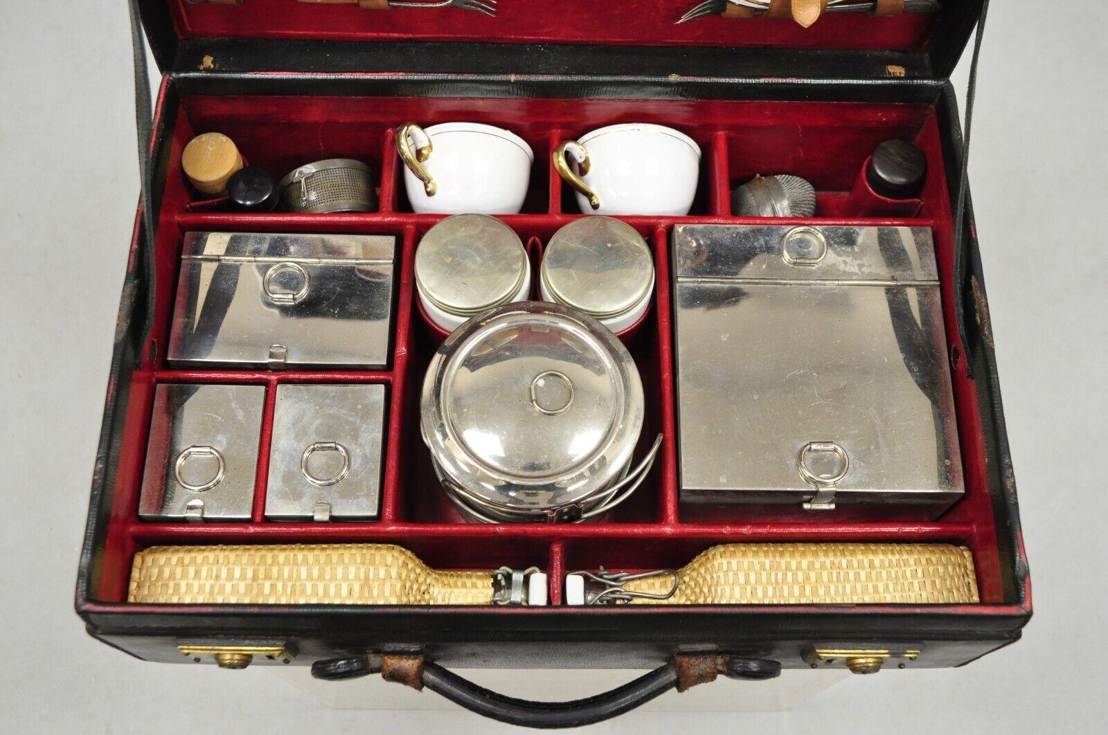 Vintage English Automobile Touring Picnic Set in Black Leather Hard Case Trunk For Sale 5