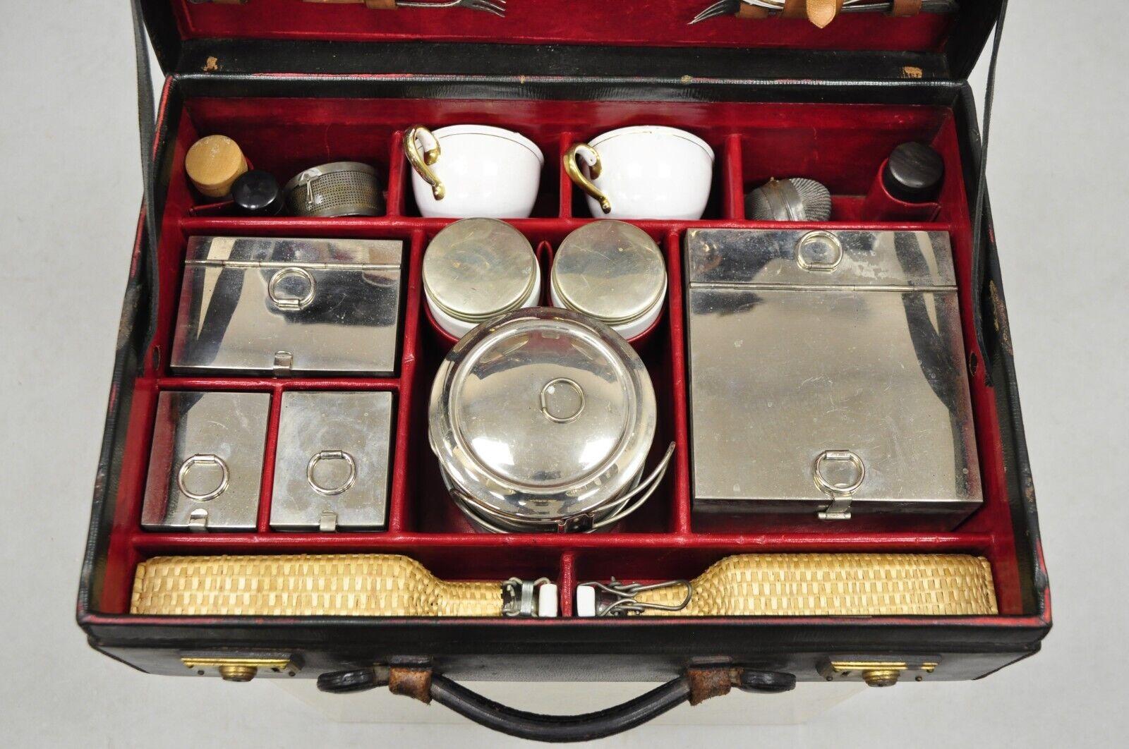 Set de picnic vintage de viaje para automóvil inglés en maletín rígido de cuero negro 5