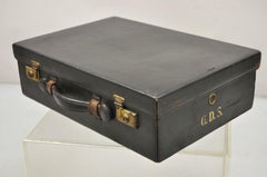 Vintage English Automobile Touring Picnic Set in Black Leather Hard Case Trunk