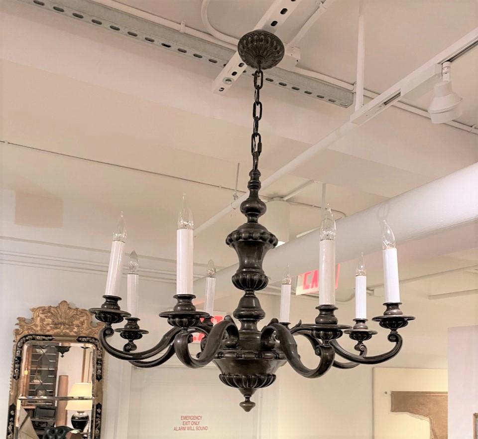 Vintage English baroque style antique bronze eight light chandelier with wonderful color and patina. Circa 1920.

Two (2) available. Quoted price is for one (1).