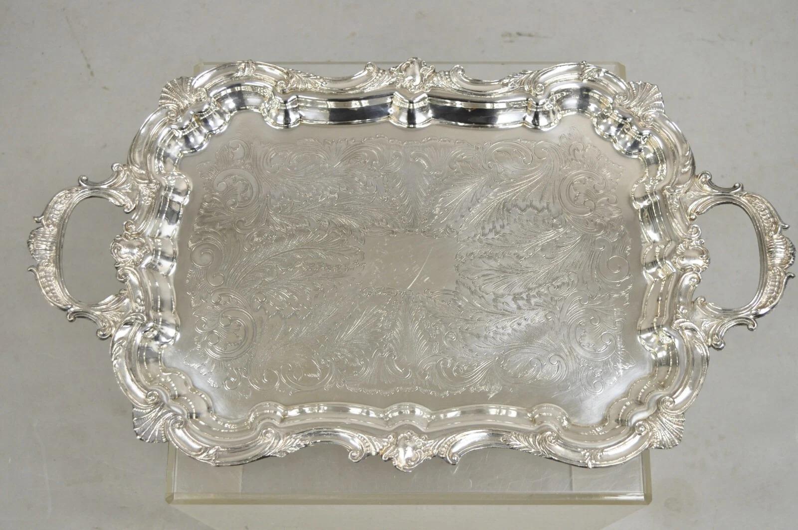 Bandeja de servir barroca inglesa vintage victoriana con baño de plata grabada en venta 5