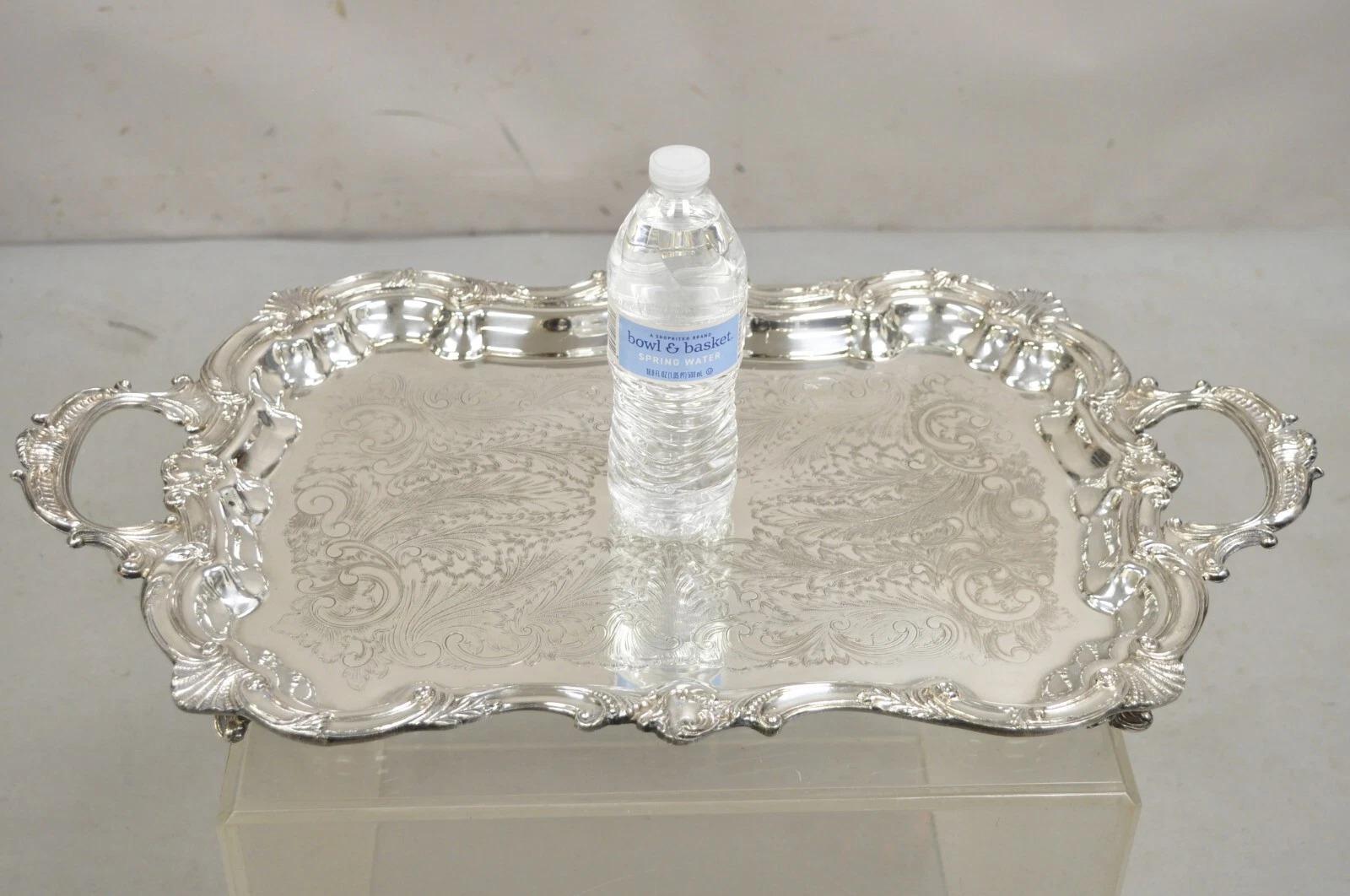Bandeja de servir inglesa barroca victoriana con baño de plata grabada. Mediados del siglo XX. Medidas: 2
