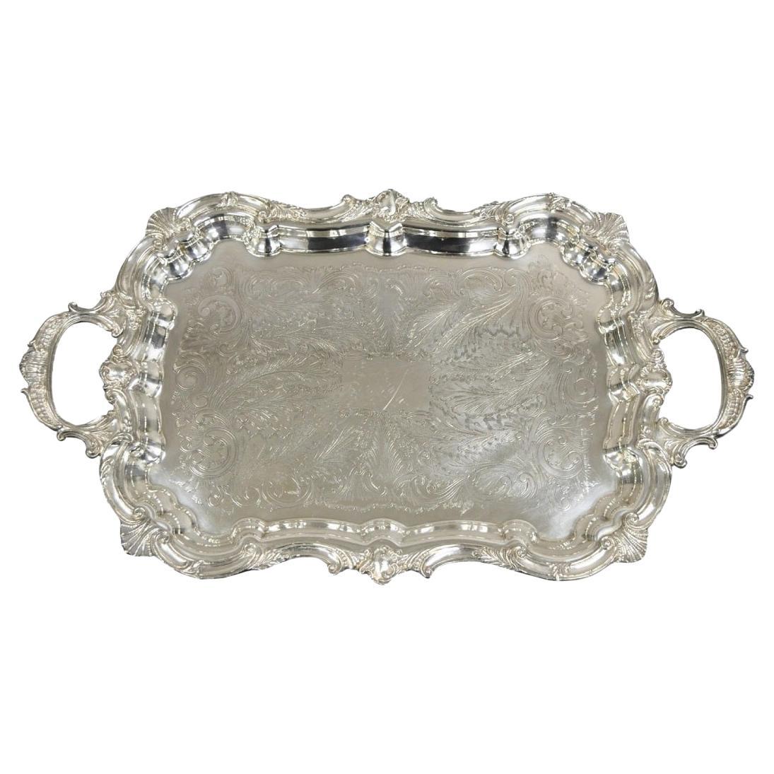 Bandeja de servir barroca inglesa vintage victoriana con baño de plata grabada