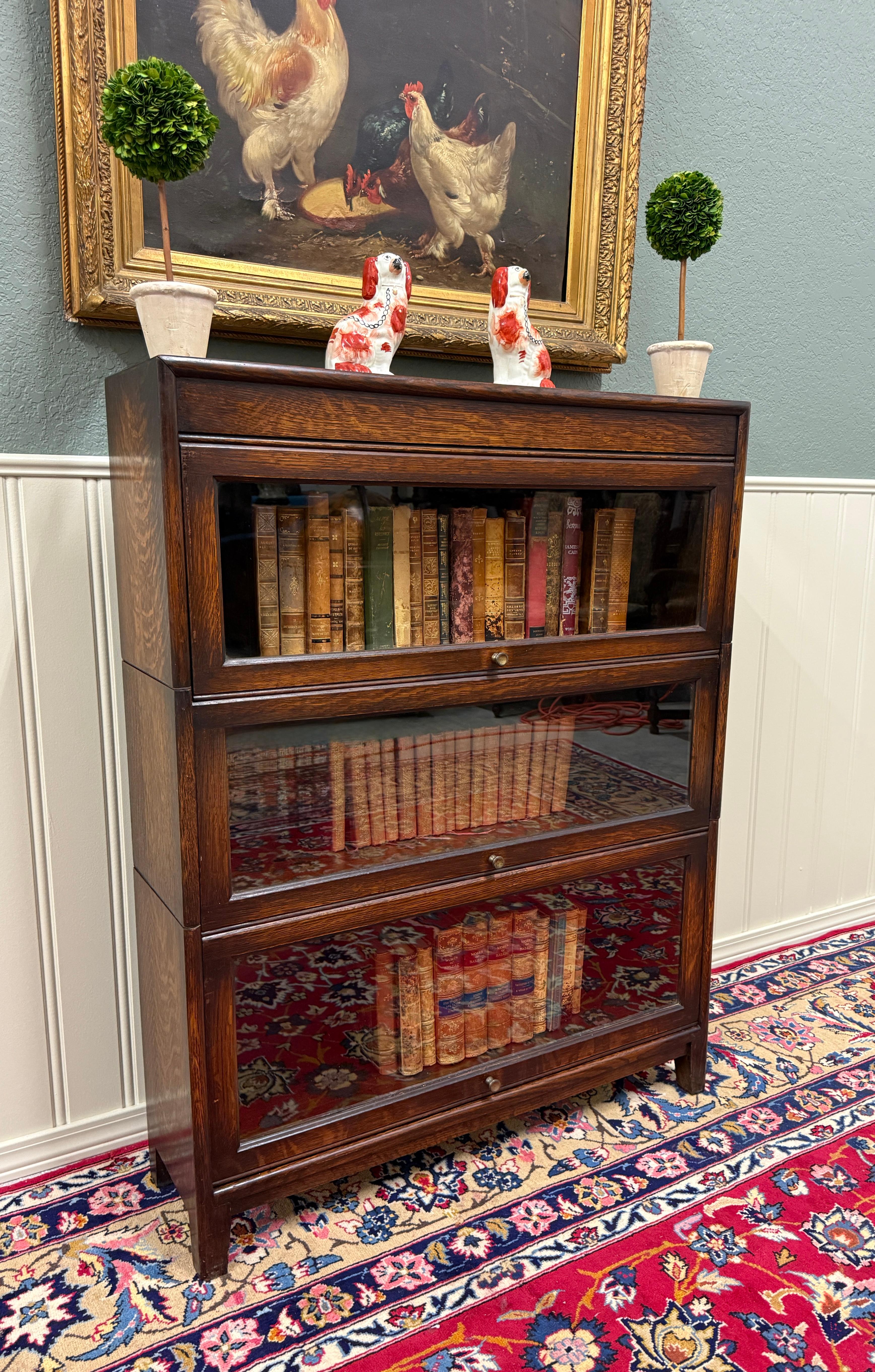 Vintage English Barristers Lawyers Bookcase PAIR Bookshelf 3 Stack Oak c. 1940s 9