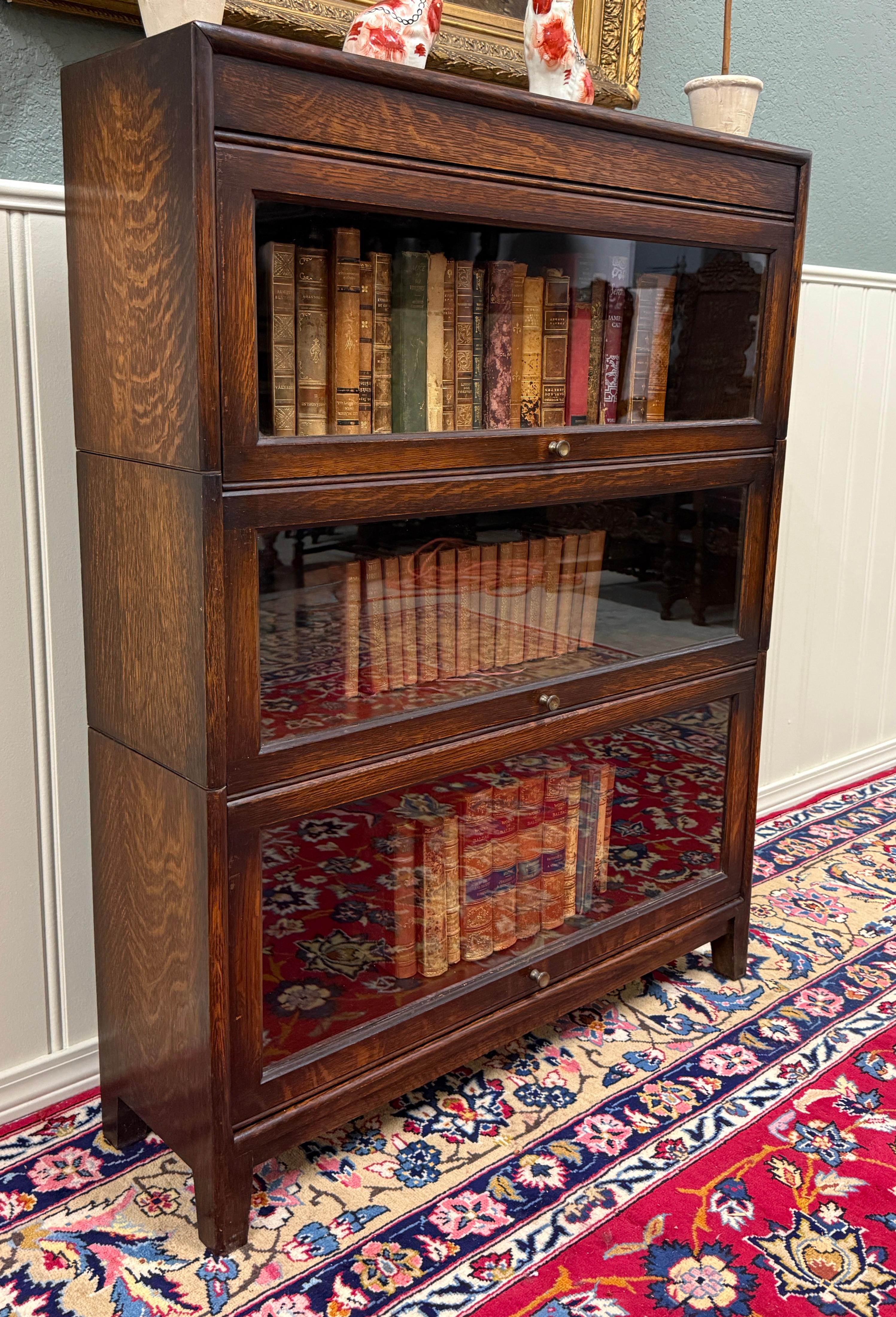 Vintage English Barristers Lawyers Bookcase PAIR Bookshelf 3 Stack Oak c. 1940s 11