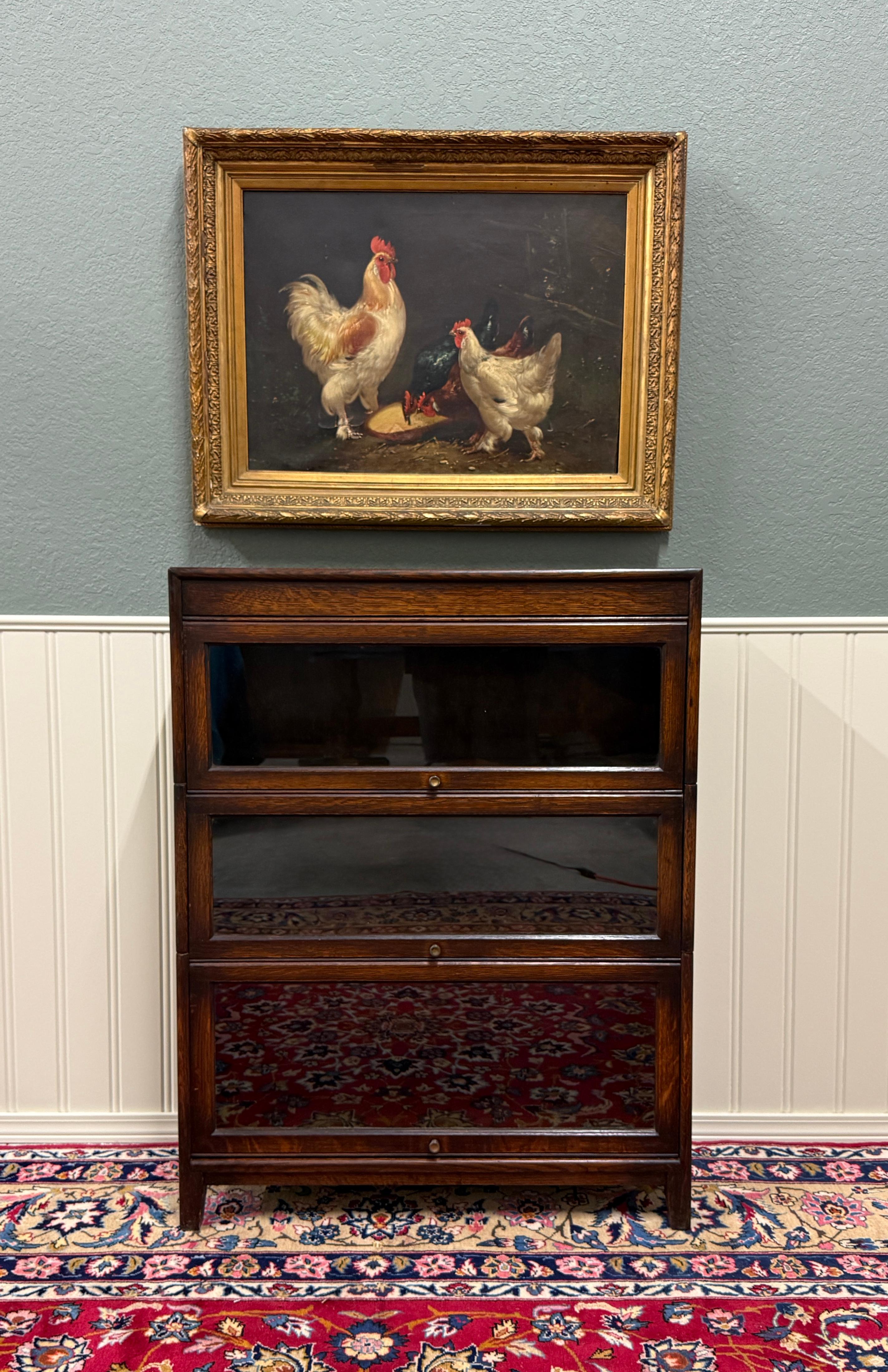Arts and Crafts Vintage English Barristers Lawyers Bookcase PAIR Bookshelf 3 Stack Oak c. 1940s