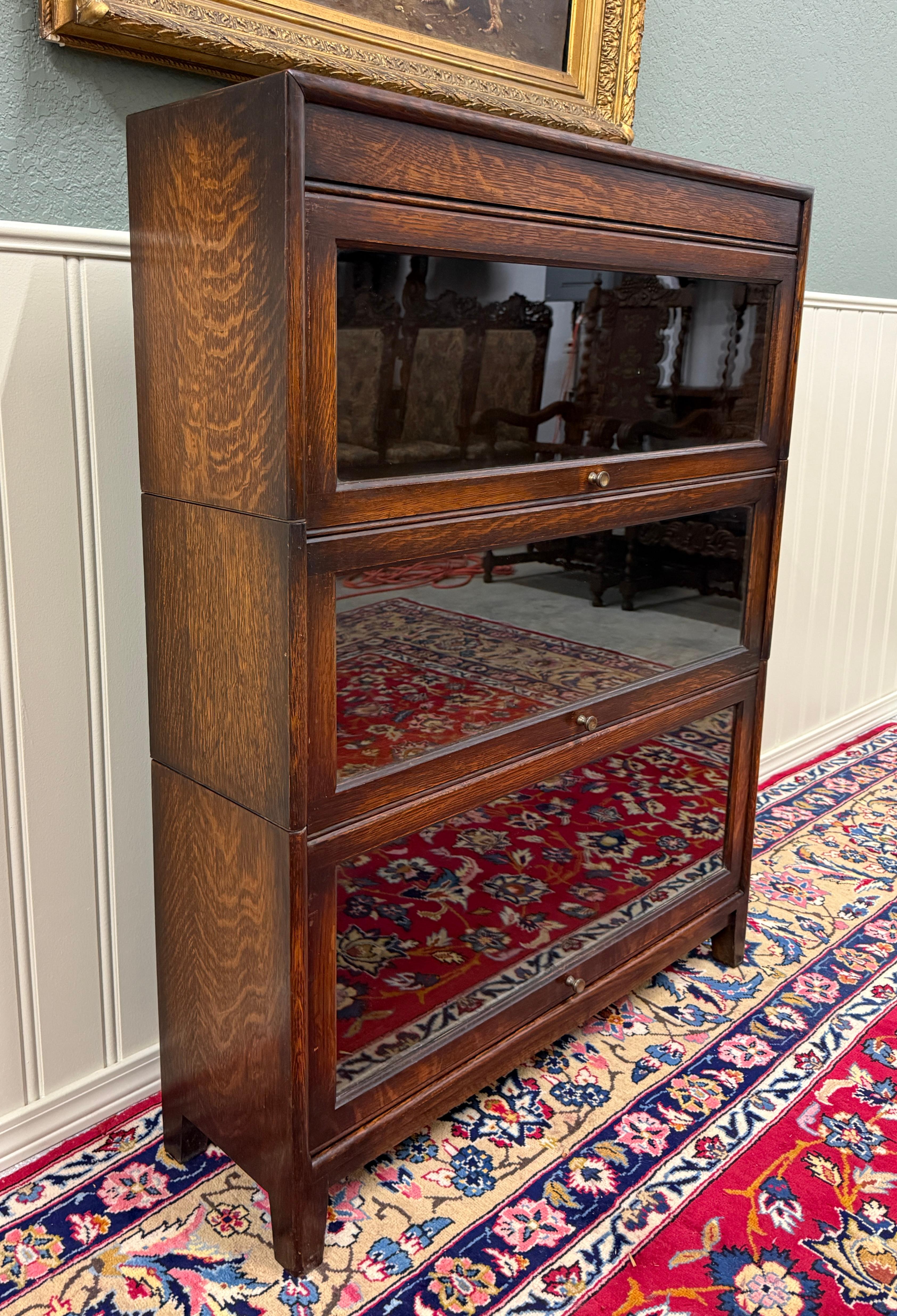 Glass Vintage English Barristers Lawyers Bookcase PAIR Bookshelf 3 Stack Oak c. 1940s