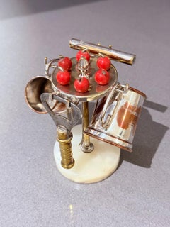 Vintage English Barware Set on Onyx Stand: Mini Tankards, Corkscrew & Bottle Ope