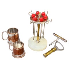 Vintage English Barware Set on Onyx Stand: Mini Tankards, Corkscrew & Bottle Ope