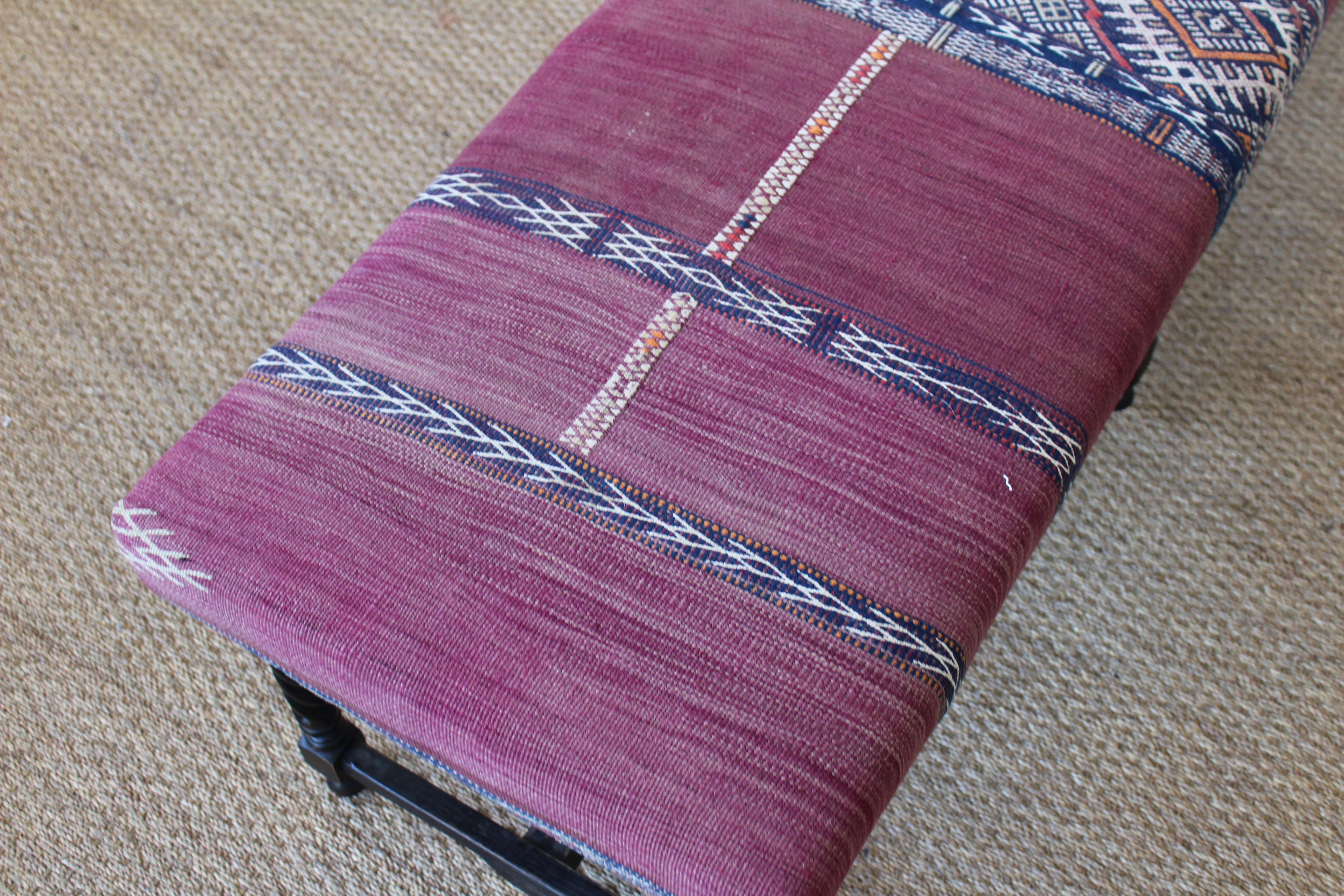 Hand-Woven Vintage English Bench Upholstered in a Turkish Kilim Rug