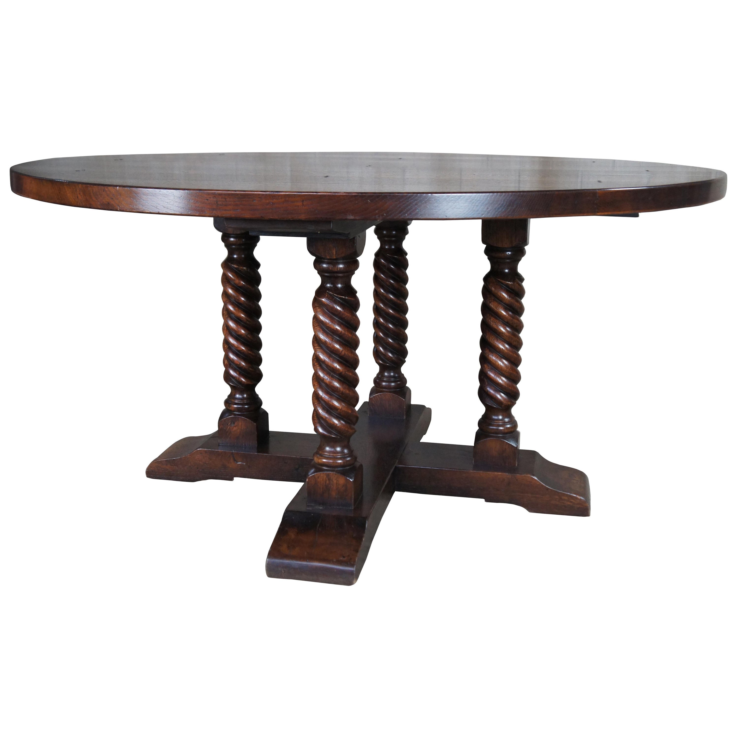Vintage English Birdcage Quartersawn Oak Round Barley Twist Dining Table 60"