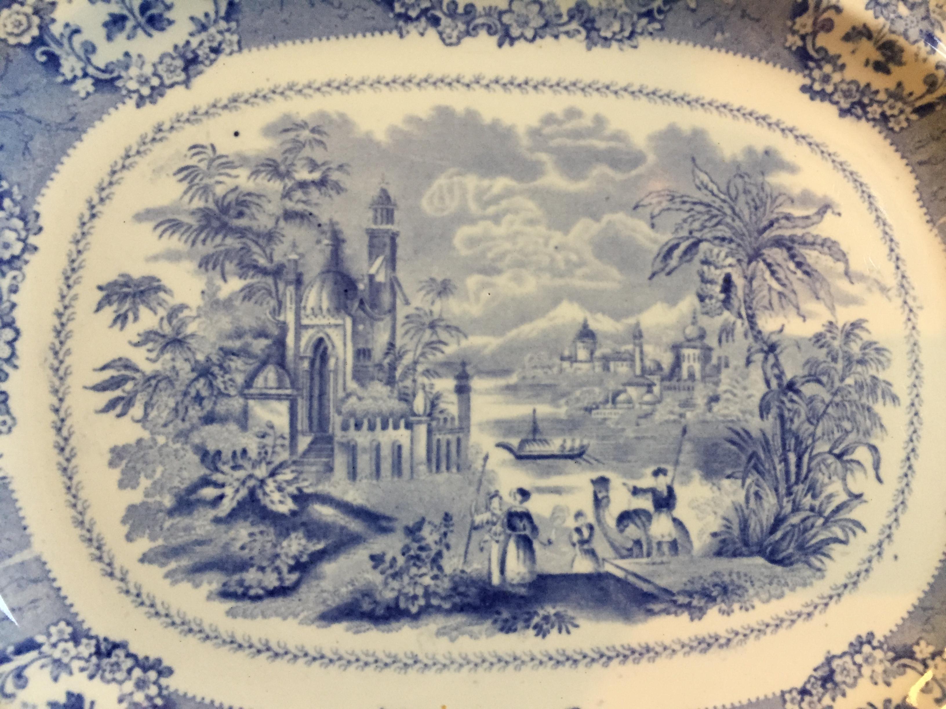 Hand-Painted Vintage English Blue and White Meat Platter For Sale