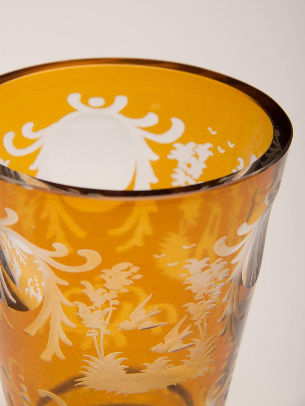 Etched Vintage English Bohemian Cut Glass Amber Vase, circa 1950