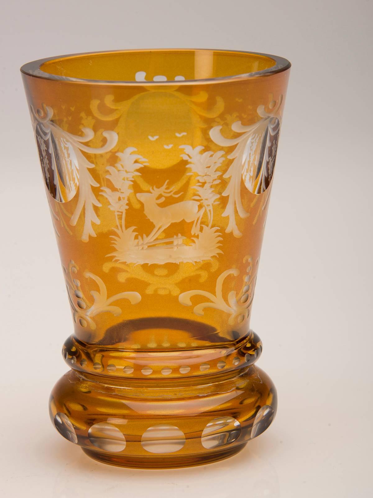 Vintage English Bohemian Cut Glass Amber Vase, circa 1950 In Excellent Condition In Houston, TX