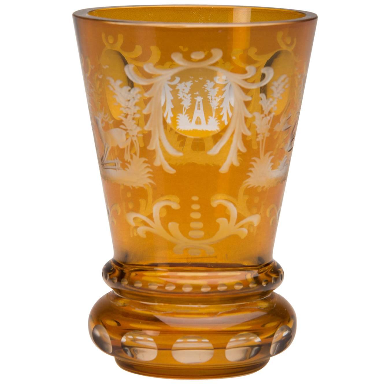 Vintage English Bohemian Cut Glass Amber Vase, circa 1950