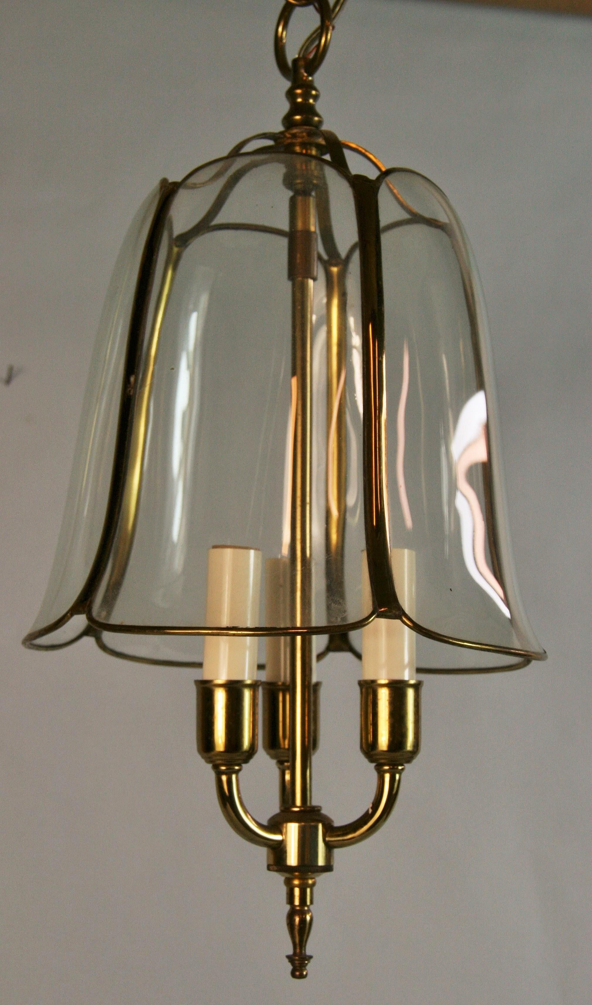 1-4025 Tulip three-light brass and bent glass  pendant
Takes 60 watt candelabra based bulb
Supplied with 2 feet chain and canopy.
Rewired
        