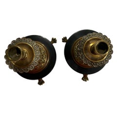 Vintage English Brass Candlestick Holders Round Black Marble Base Claw Feet
