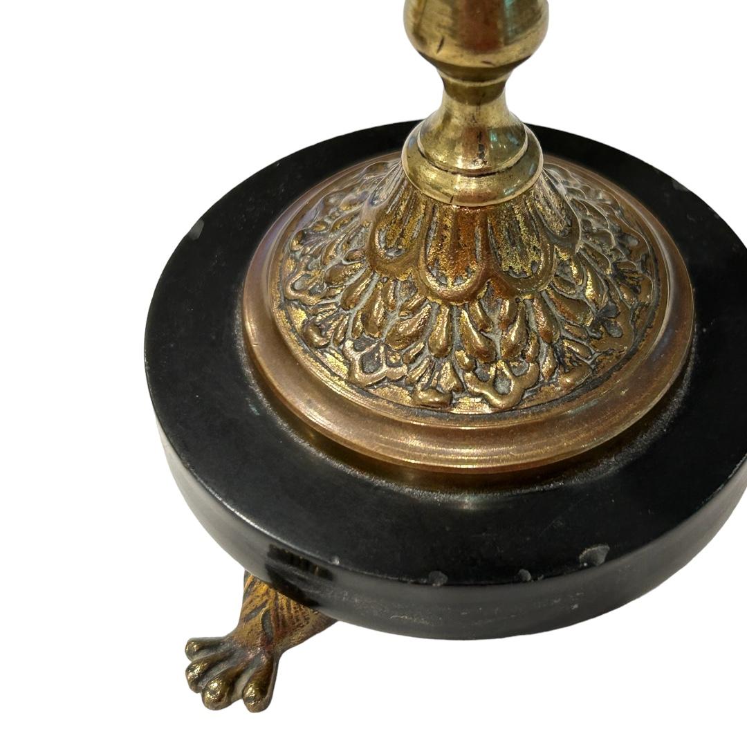 Vintage English Brass Candlestick Holders Round Black Marble Base Claw Feet For Sale 2