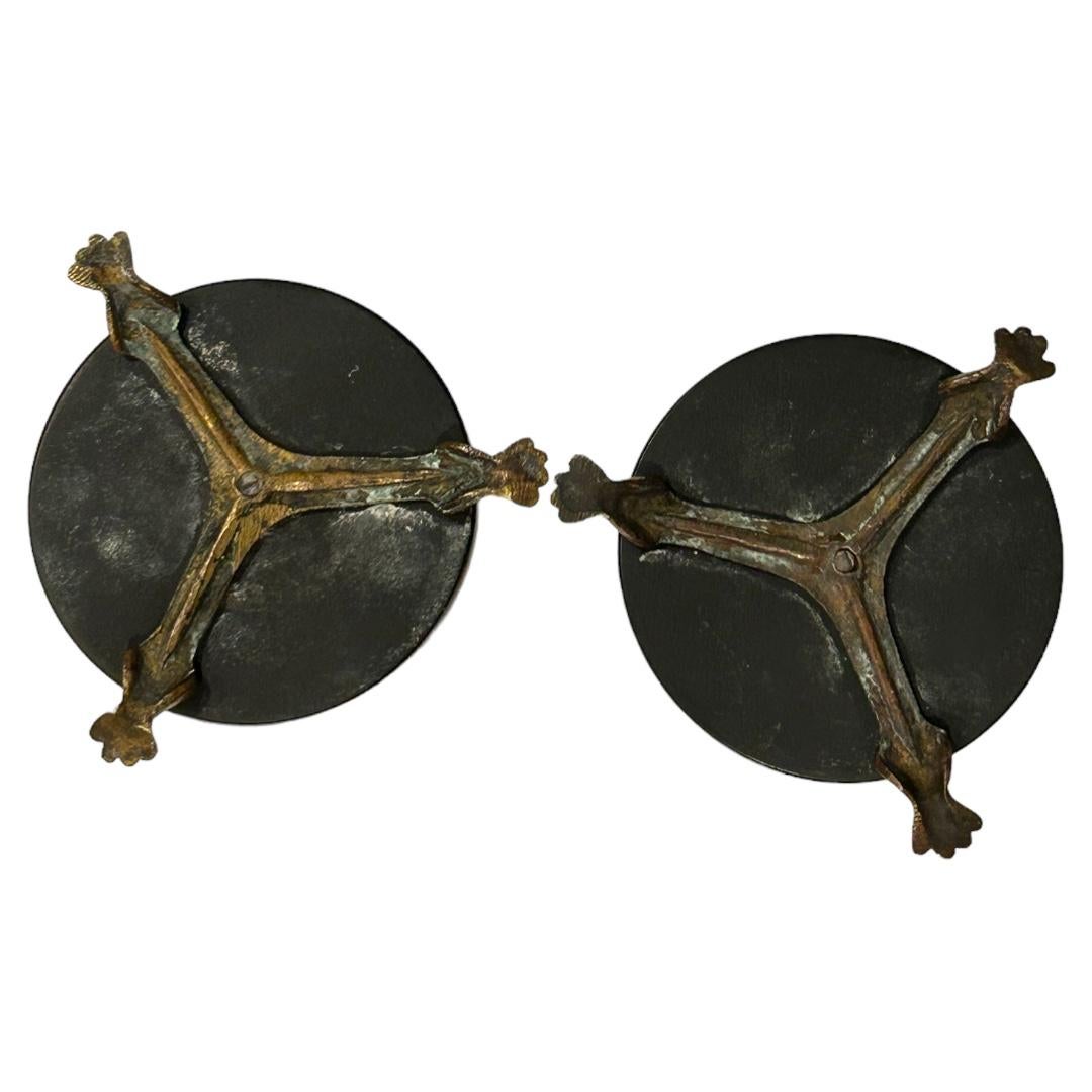 Vintage English Brass Candlestick Holders Round Black Marble Base Claw Feet For Sale 4
