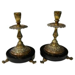 Antique English Brass Candlestick Holders Round Black Marble Base Claw Feet