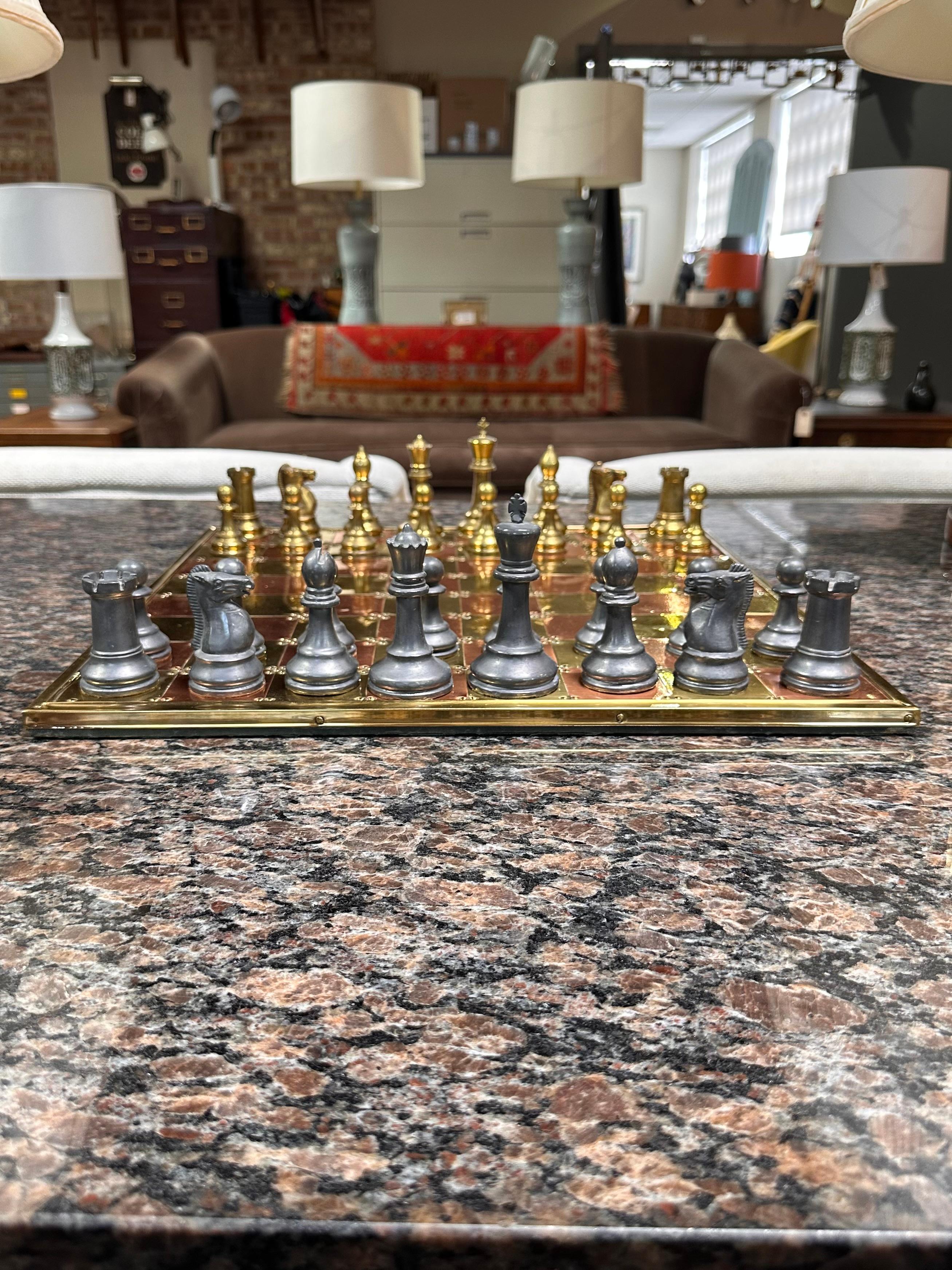British Colonial Vintage English Brass, Copper, and Pewter Chess Set For Sale