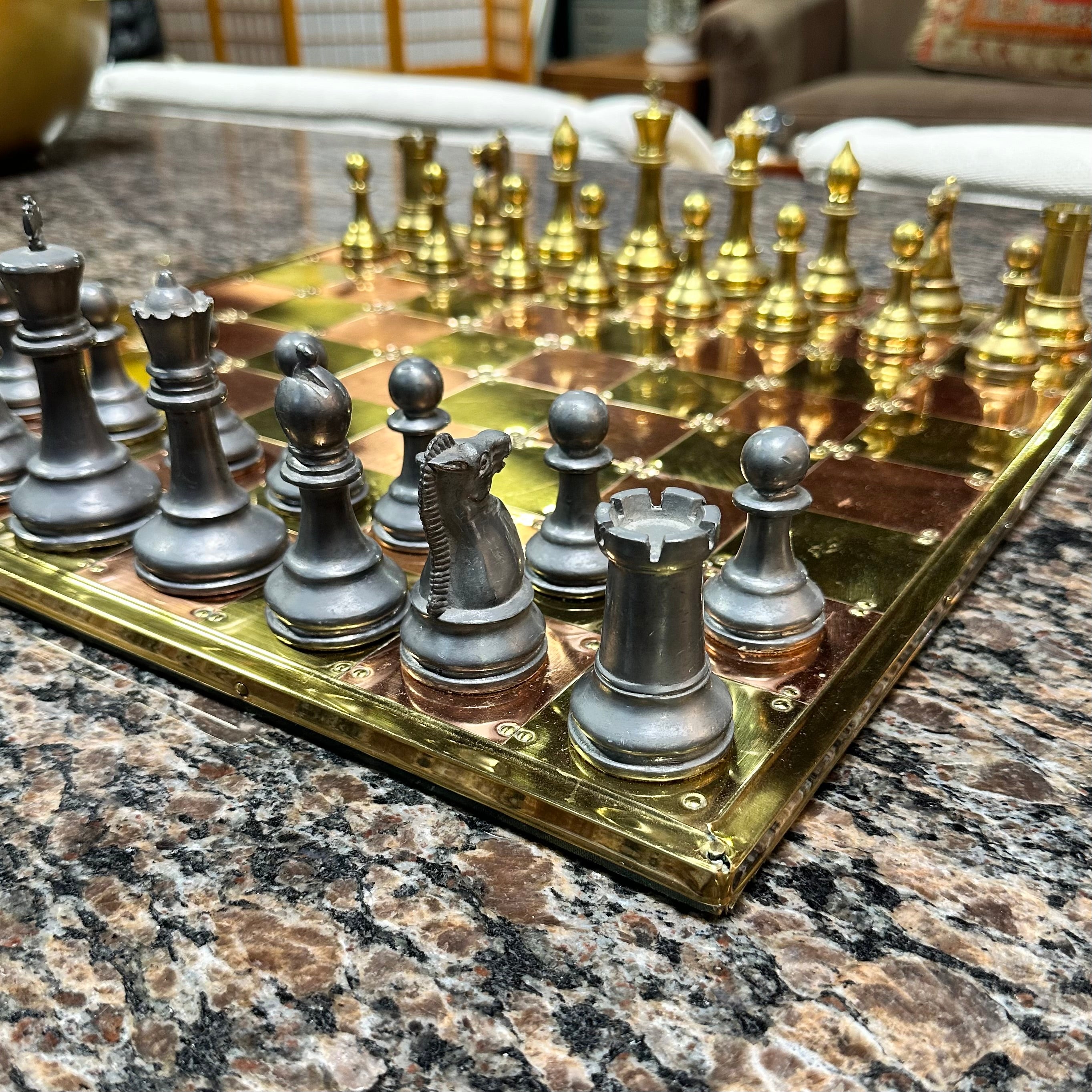 Polished Vintage English Brass, Copper, and Pewter Chess Set For Sale