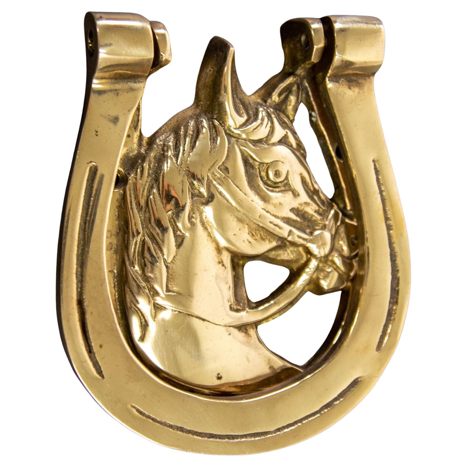 Vintage English Brass Horseshoe Door Knocker with Horse Head For Sale