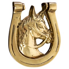 Vintage English Brass Horseshoe Door Knocker with Horse Head Paperweight