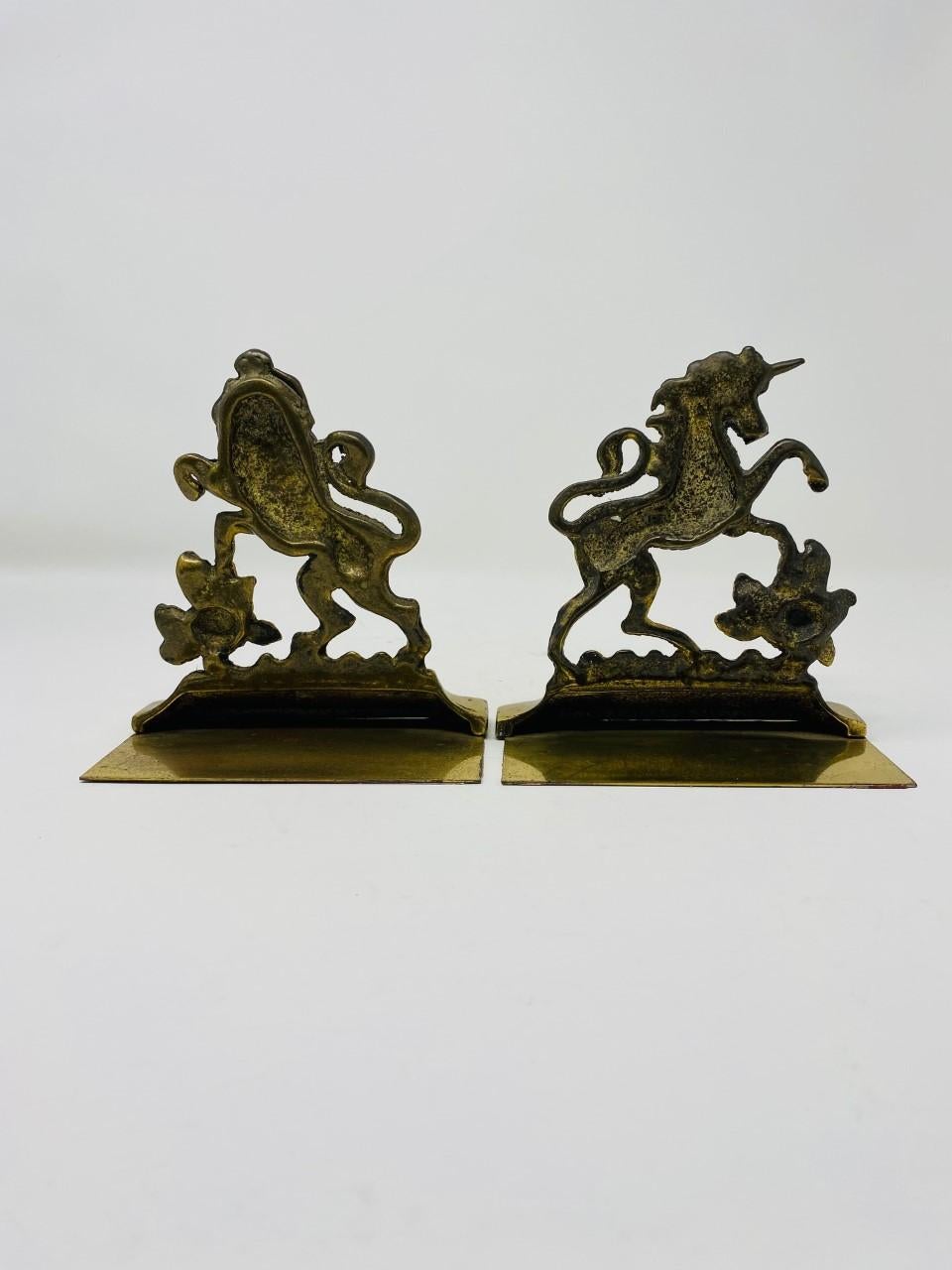 Mid-20th Century Vintage English Brass Lion and Unicorn Bookends For Sale
