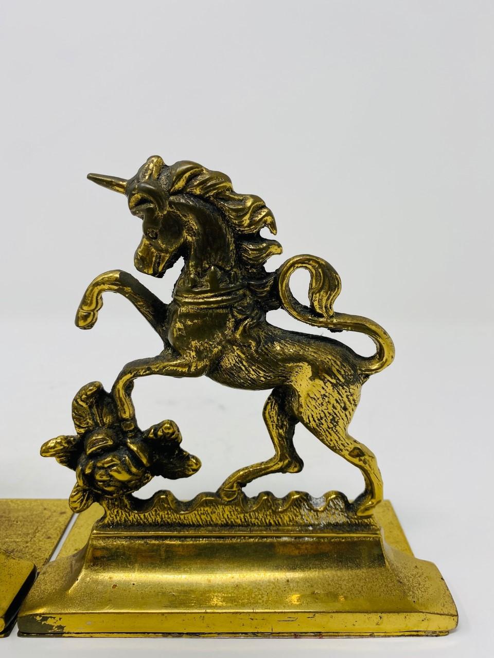 Vintage English Brass Lion and Unicorn Bookends For Sale 3