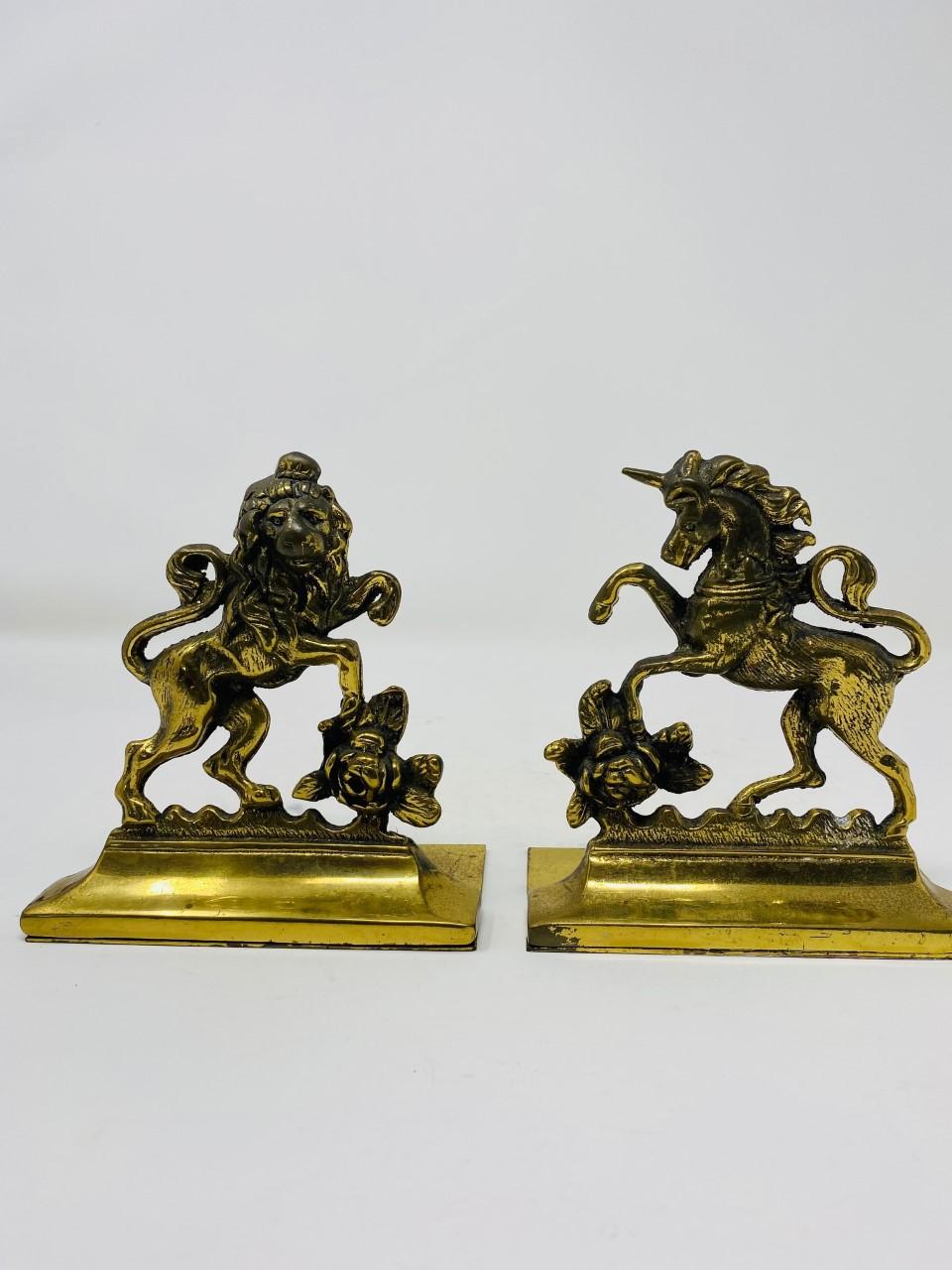 British Vintage English Brass Lion and Unicorn Bookends For Sale