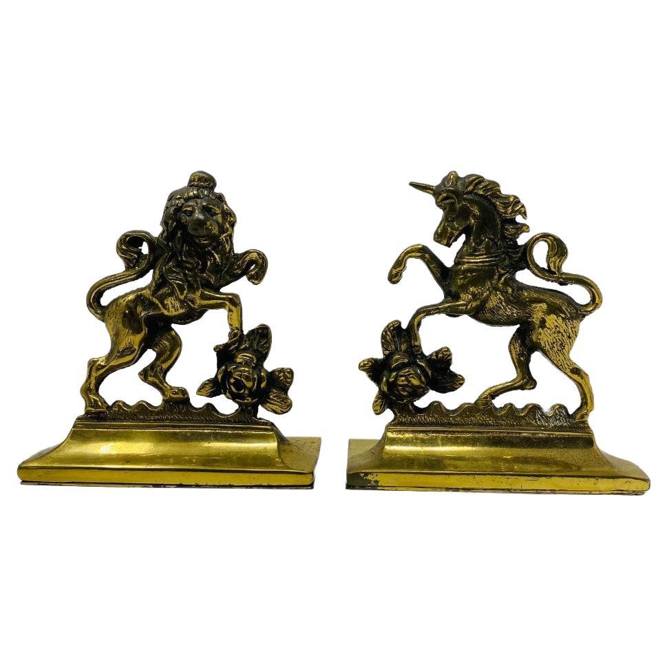 Vintage English Brass Lion and Unicorn Bookends For Sale
